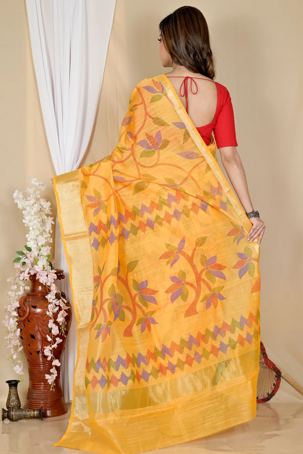 DipDiya Blended Cotton Yellow Narento Timeless Bengal Handloom Sarees