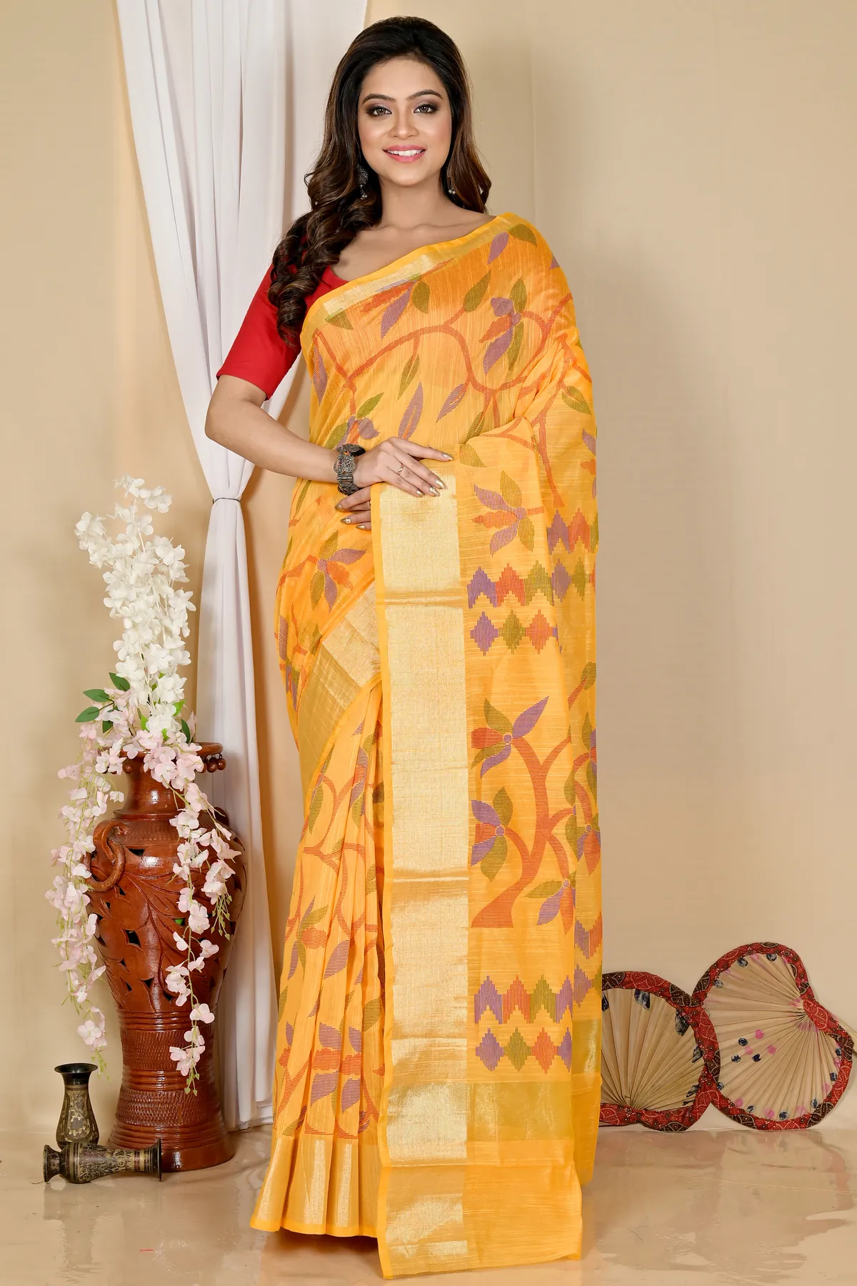 DipDiya Blended Cotton Yellow Narento Timeless Bengal Handloom Sarees