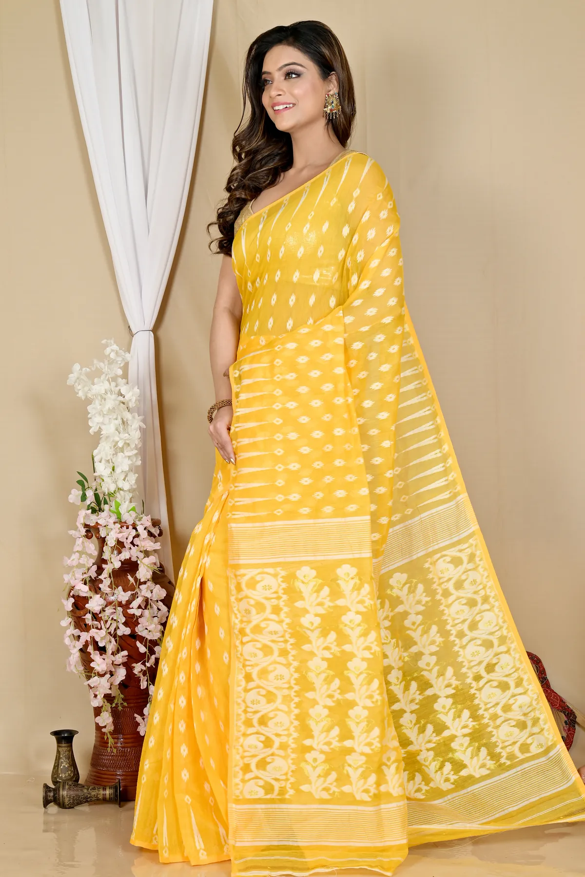 DipDiya Blended Cotton Yellow Rapial Timeless Bengal Jamdani Sarees
