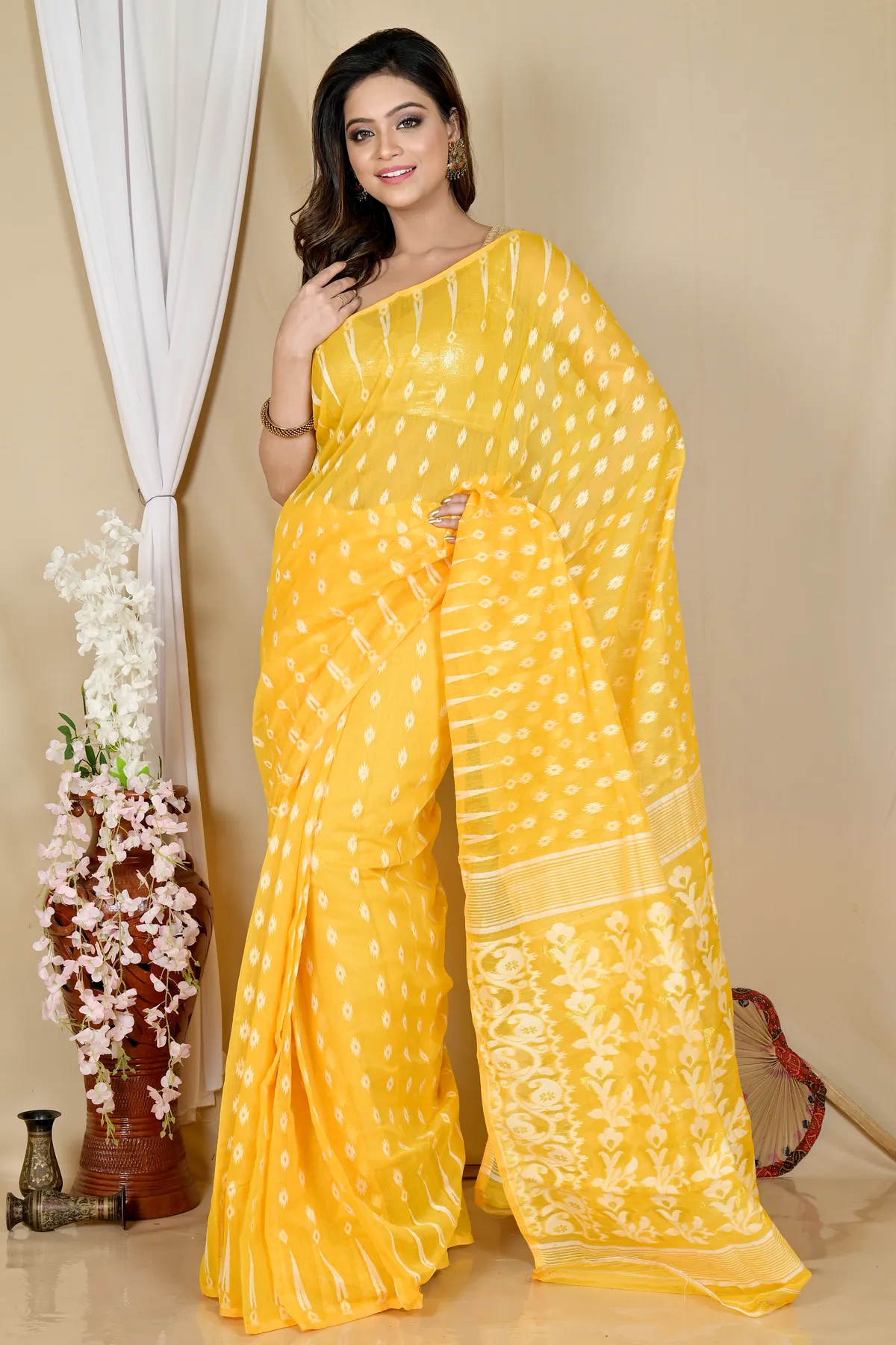DipDiya Blended Cotton Yellow Rapial Timeless Bengal Jamdani Sarees