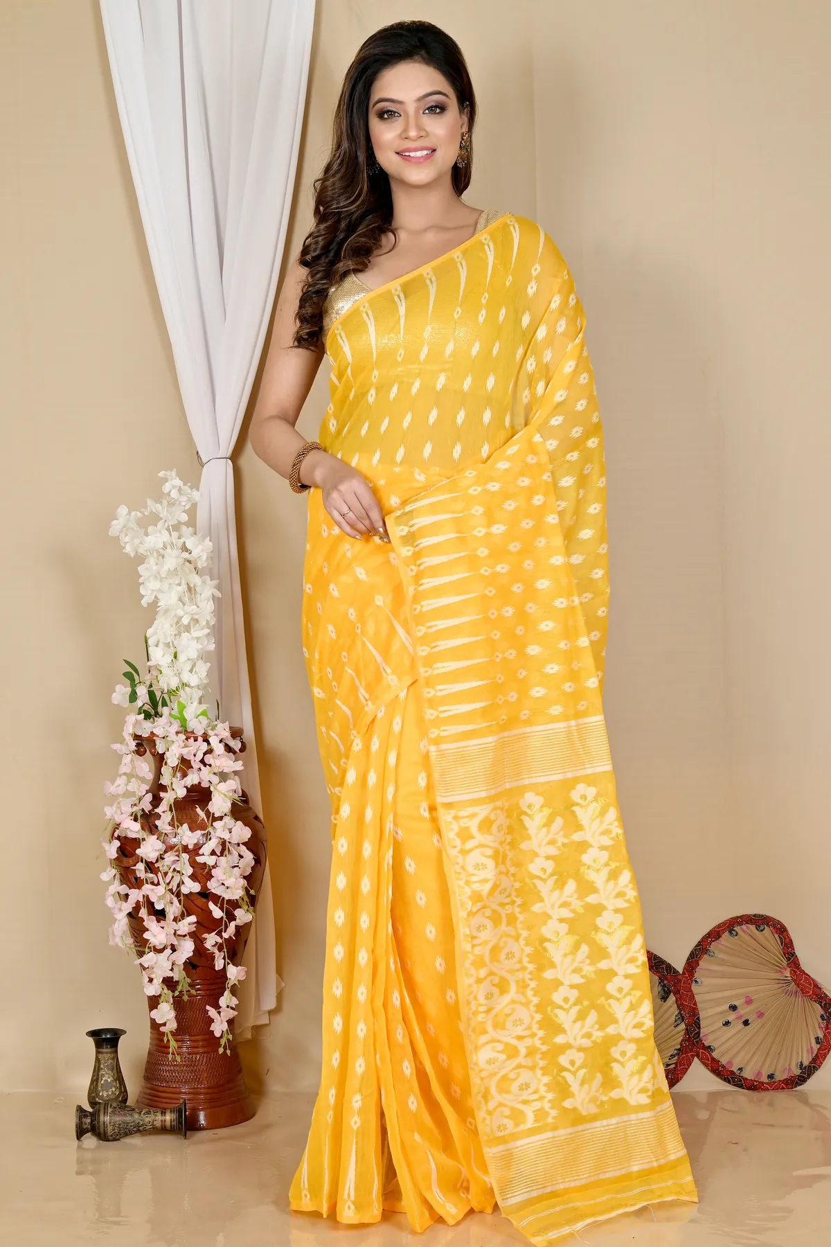 DipDiya Blended Cotton Yellow Rapial Timeless Bengal Jamdani Sarees