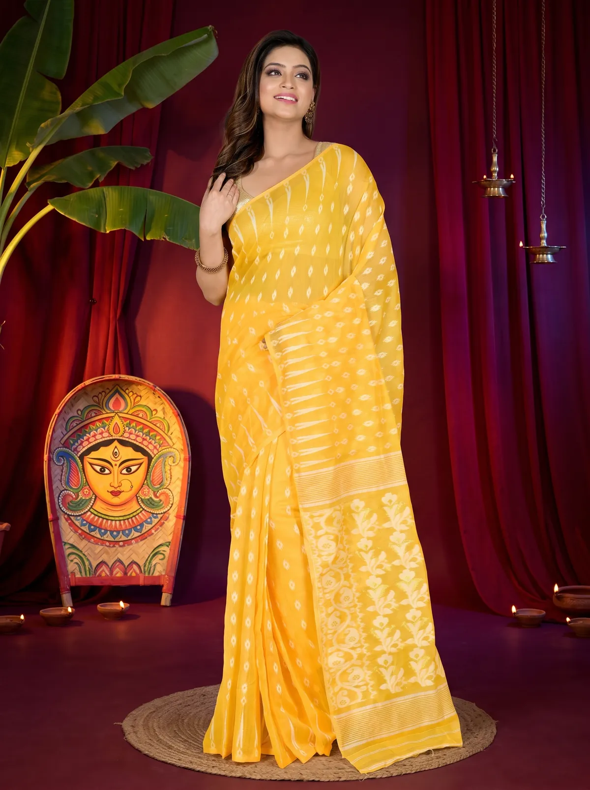 DipDiya Blended Cotton Yellow Rapial Timeless Bengal Jamdani Sarees