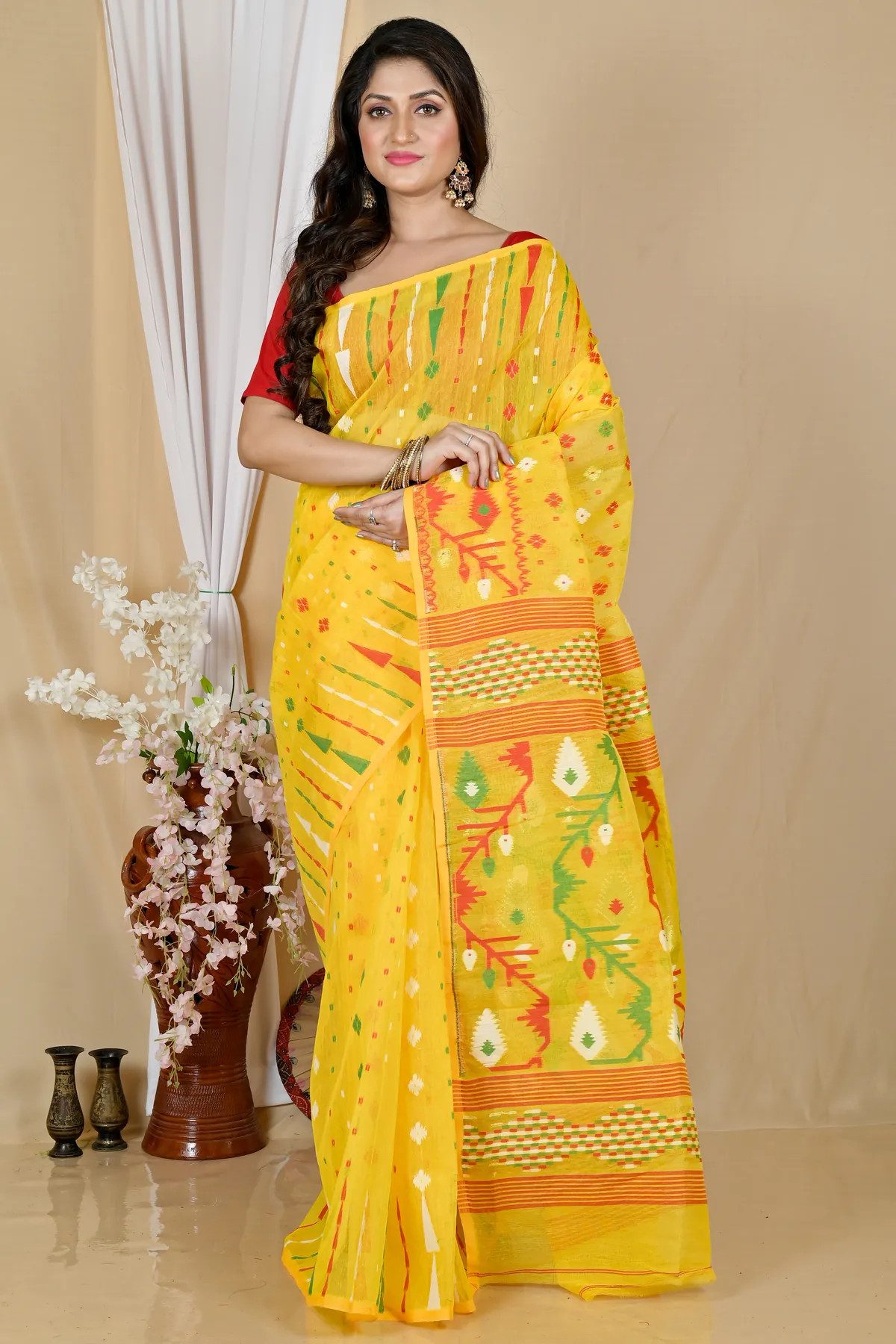 DipDiya Blended Cotton Yellow Rapkol The Bengali Classic Jamdani Sarees
