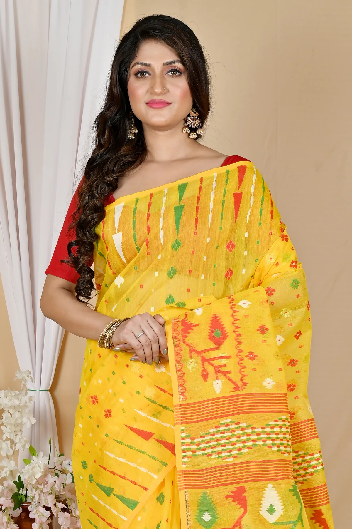 DipDiya Blended Cotton Yellow Rapkol The Bengali Classic Jamdani Sarees