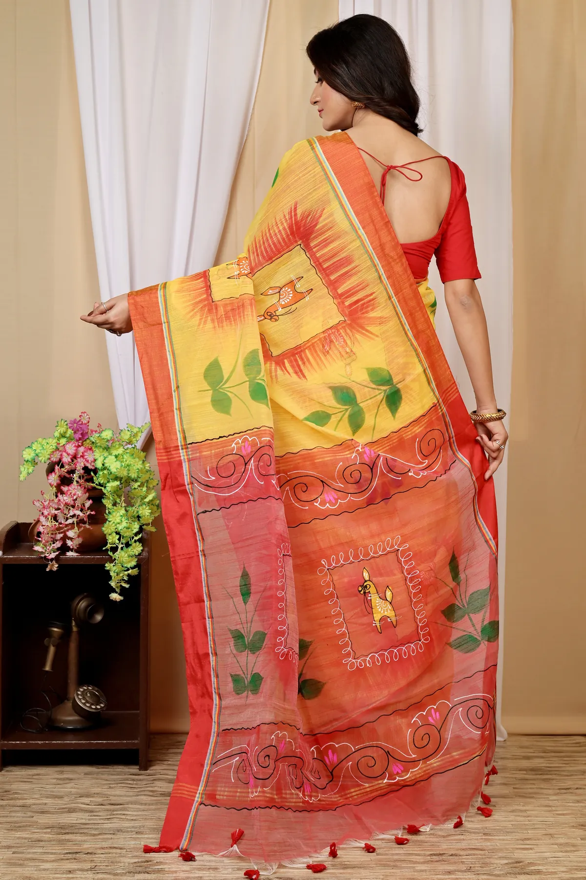 DipDiya Blended Cotton Yellow Red Albela Rooted in Bengal Hand Painted Sarees