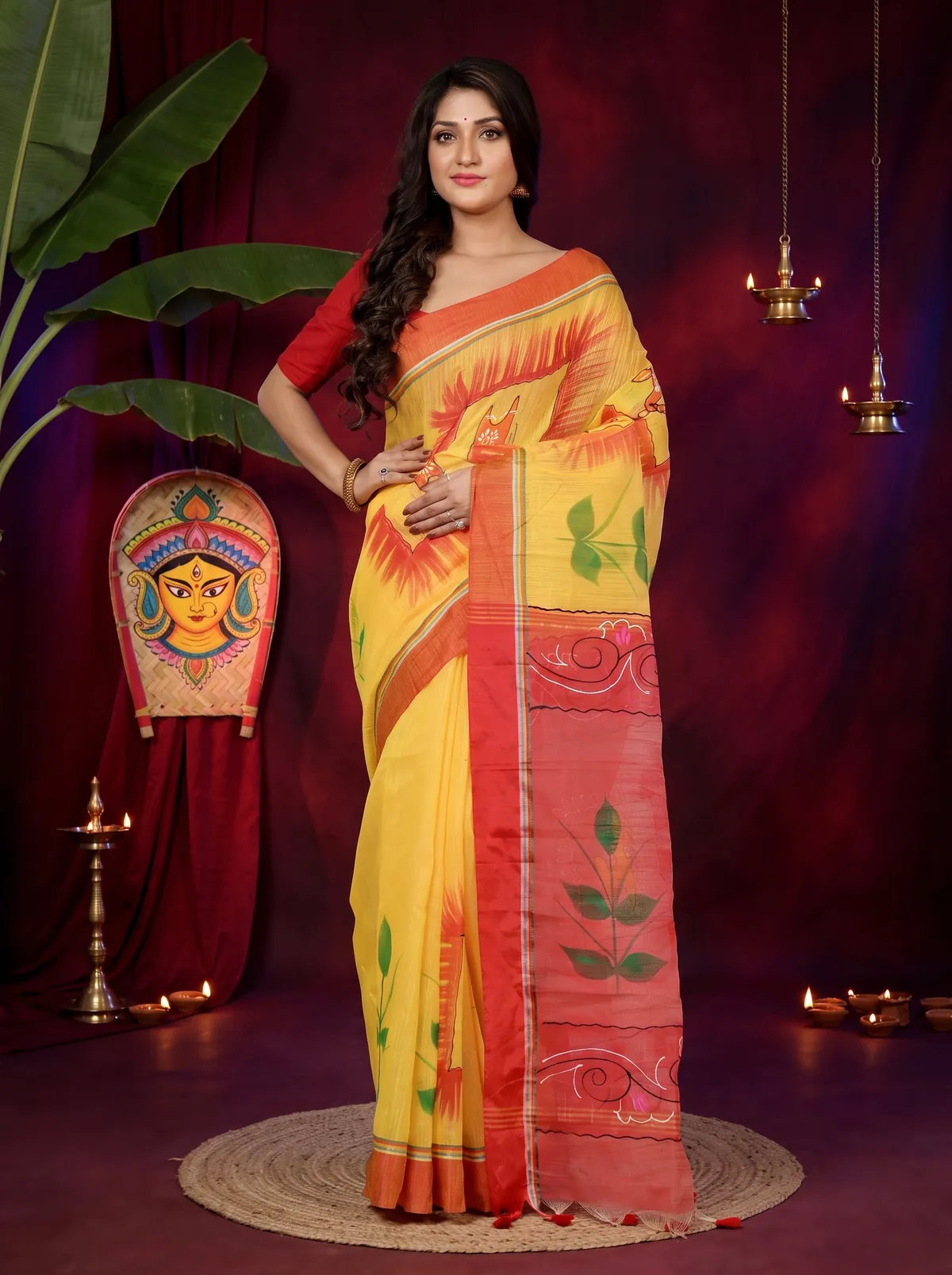 DipDiya Blended Cotton Yellow Red Albela Rooted in Bengal Hand Painted Sarees