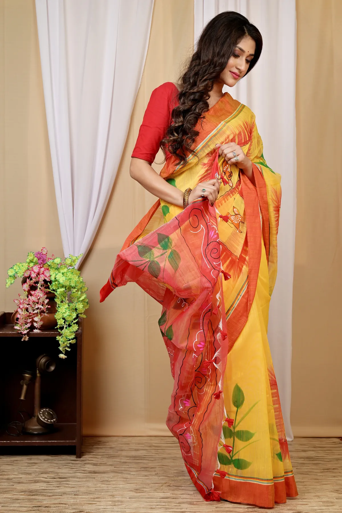 DipDiya Blended Cotton Yellow Red Albela Rooted in Bengal Hand Painted Sarees