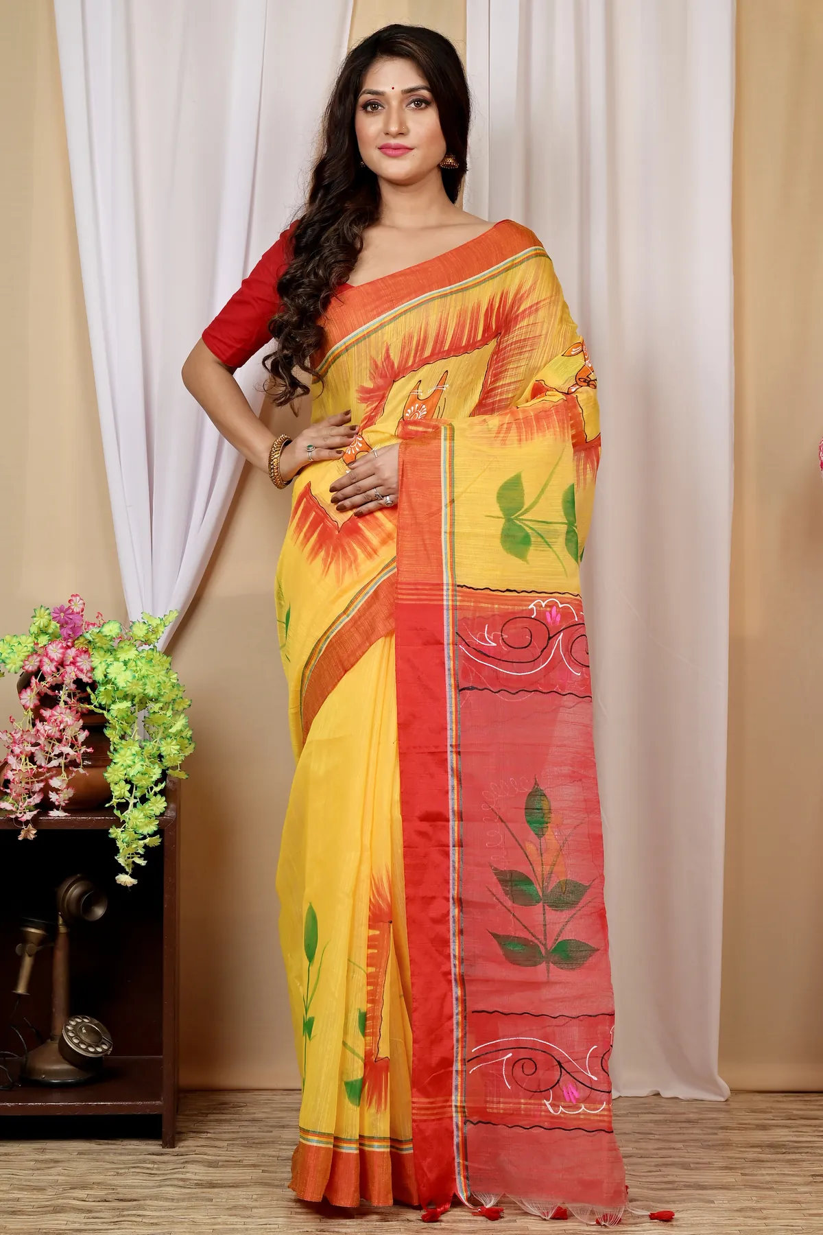 DipDiya Blended Cotton Yellow Red Albela Rooted in Bengal Hand Painted Sarees