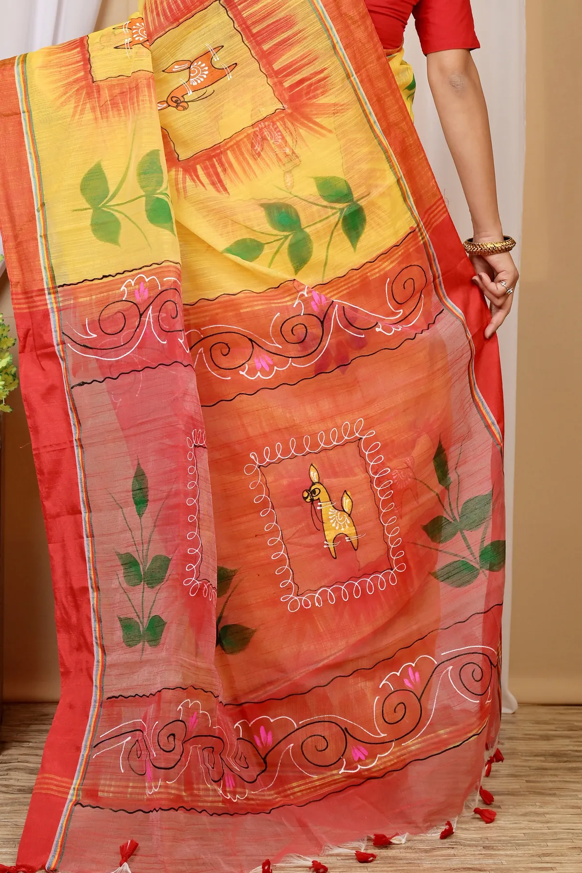 DipDiya Blended Cotton Yellow Red Albela Rooted in Bengal Hand Painted Sarees