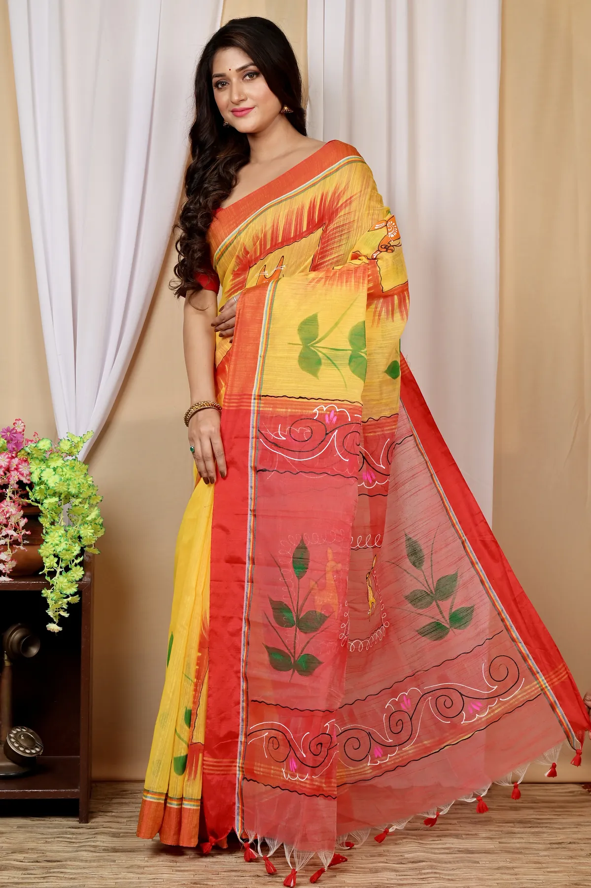 DipDiya Blended Cotton Yellow Red Albela Rooted in Bengal Hand Painted Sarees