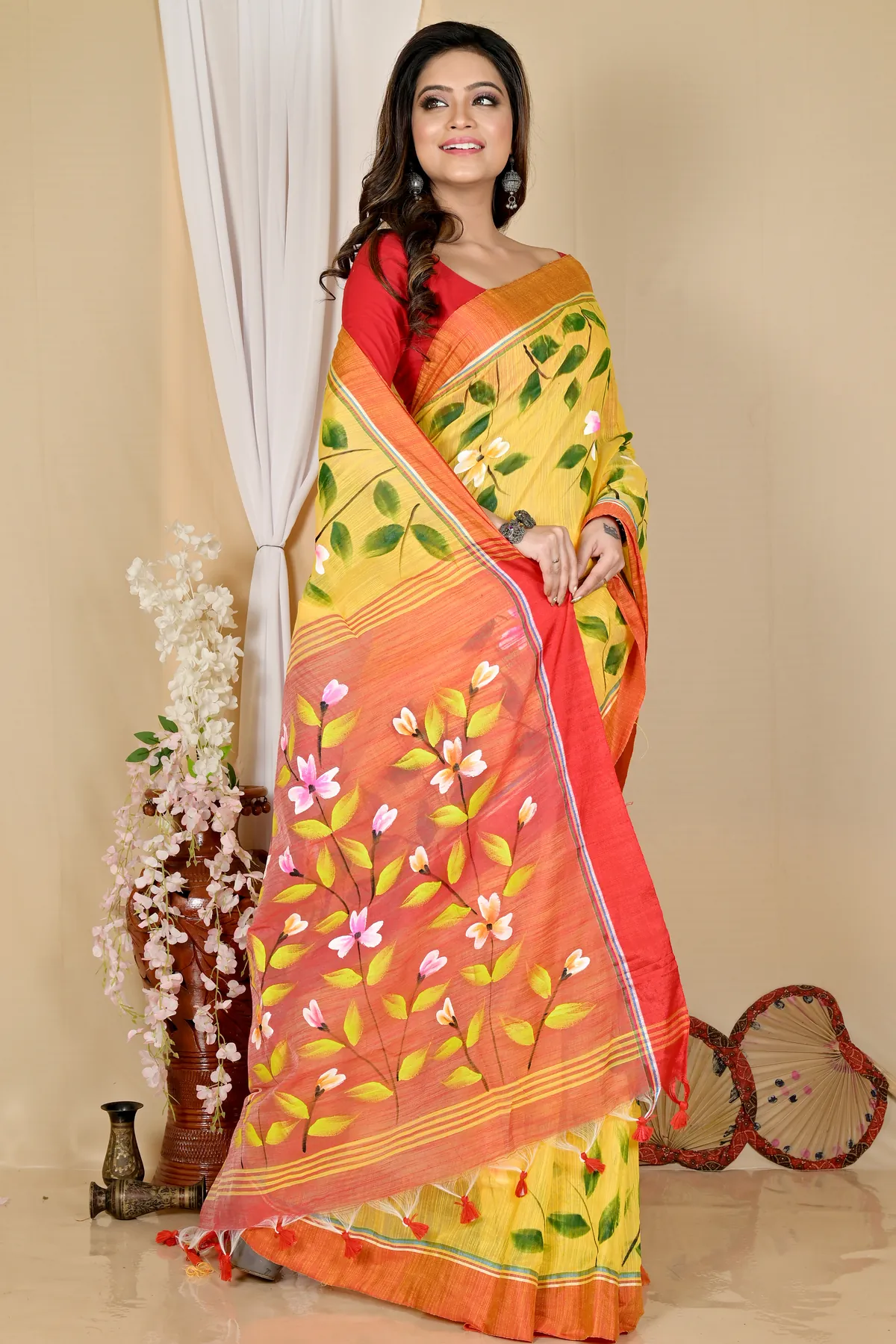 DipDiya Blended Cotton Yellow Red Slabakato Heritage You Can Wear Hand Painted Sarees