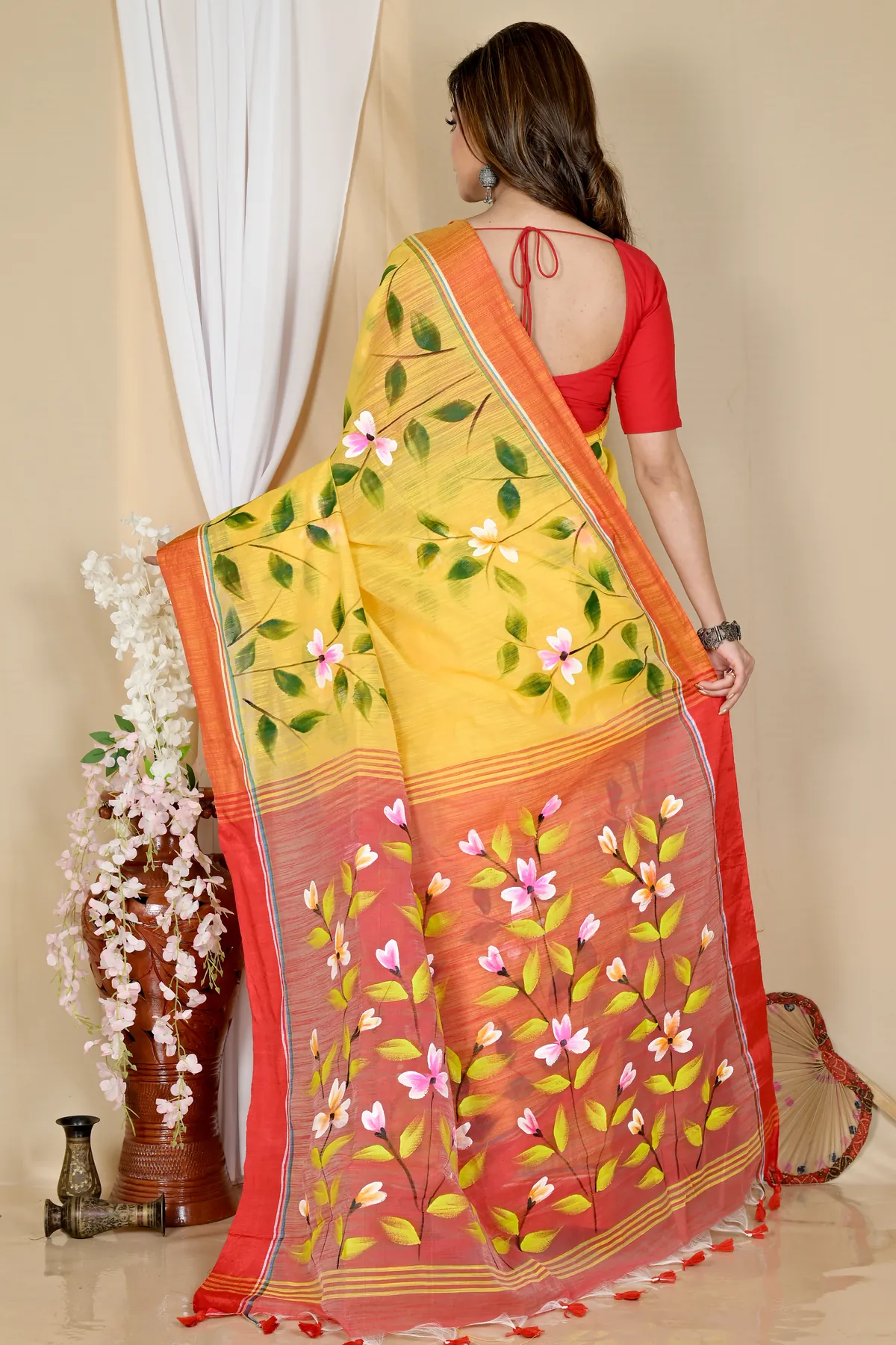 DipDiya Blended Cotton Yellow Red Slabakato Heritage You Can Wear Hand Painted Sarees