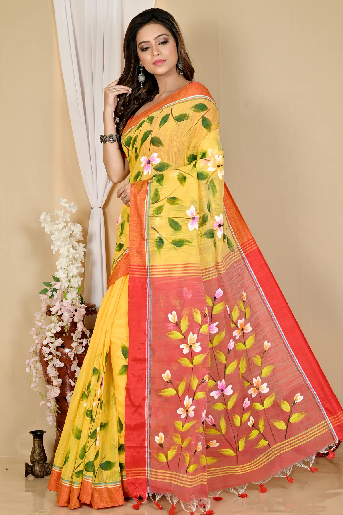 DipDiya Blended Cotton Yellow Red Slabakato Heritage You Can Wear Hand Painted Sarees