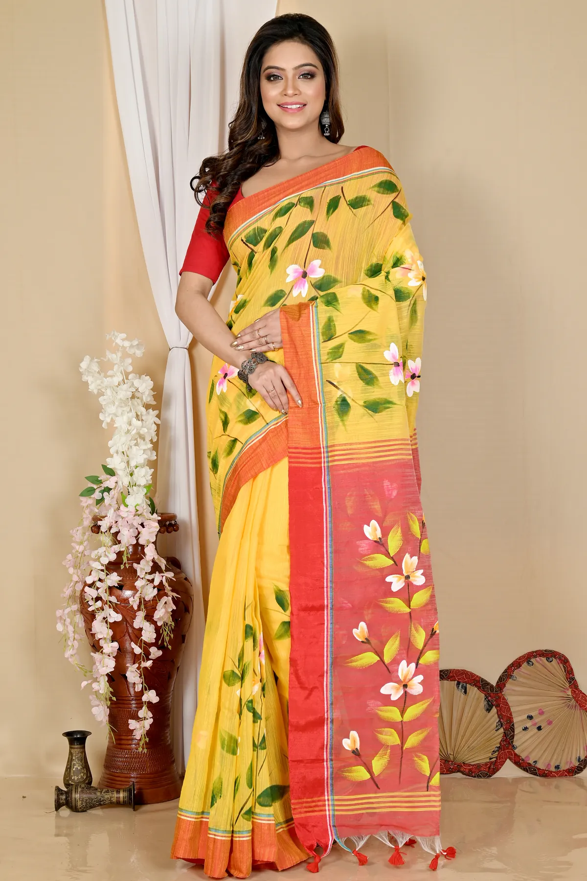DipDiya Blended Cotton Yellow Red Slabakato Heritage You Can Wear Hand Painted Sarees