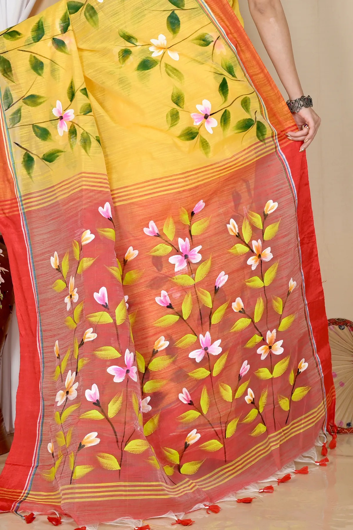 DipDiya Blended Cotton Yellow Red Slabakato Heritage You Can Wear Hand Painted Sarees