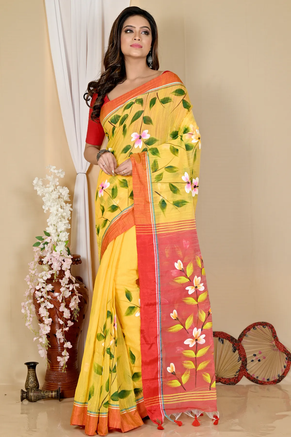 DipDiya Blended Cotton Yellow Red Slabakato Heritage You Can Wear Hand Painted Sarees