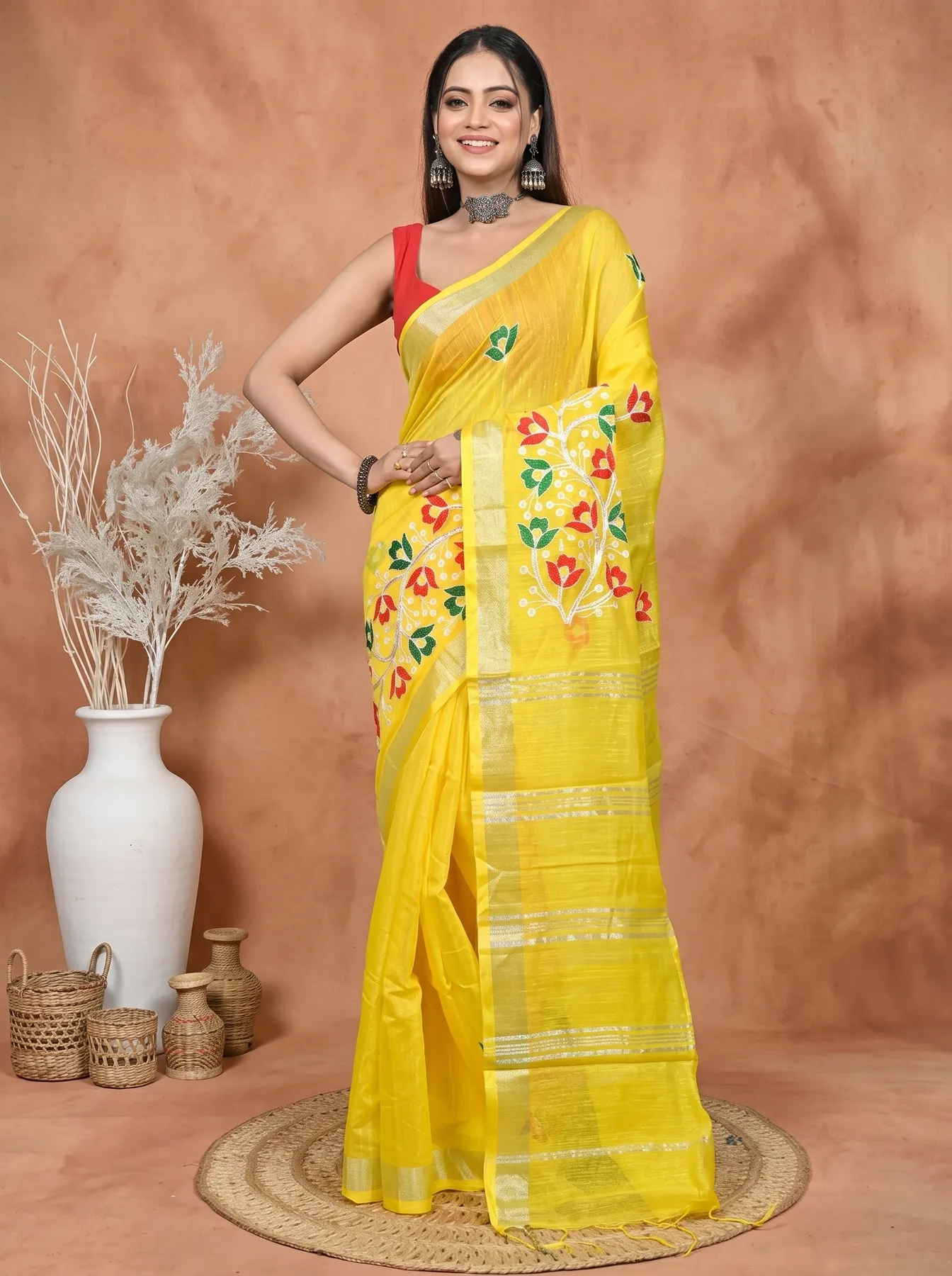 DipDiya Blended Cotton Yellow Samyra Heritage of Bengali Embroidery Handloom sarees