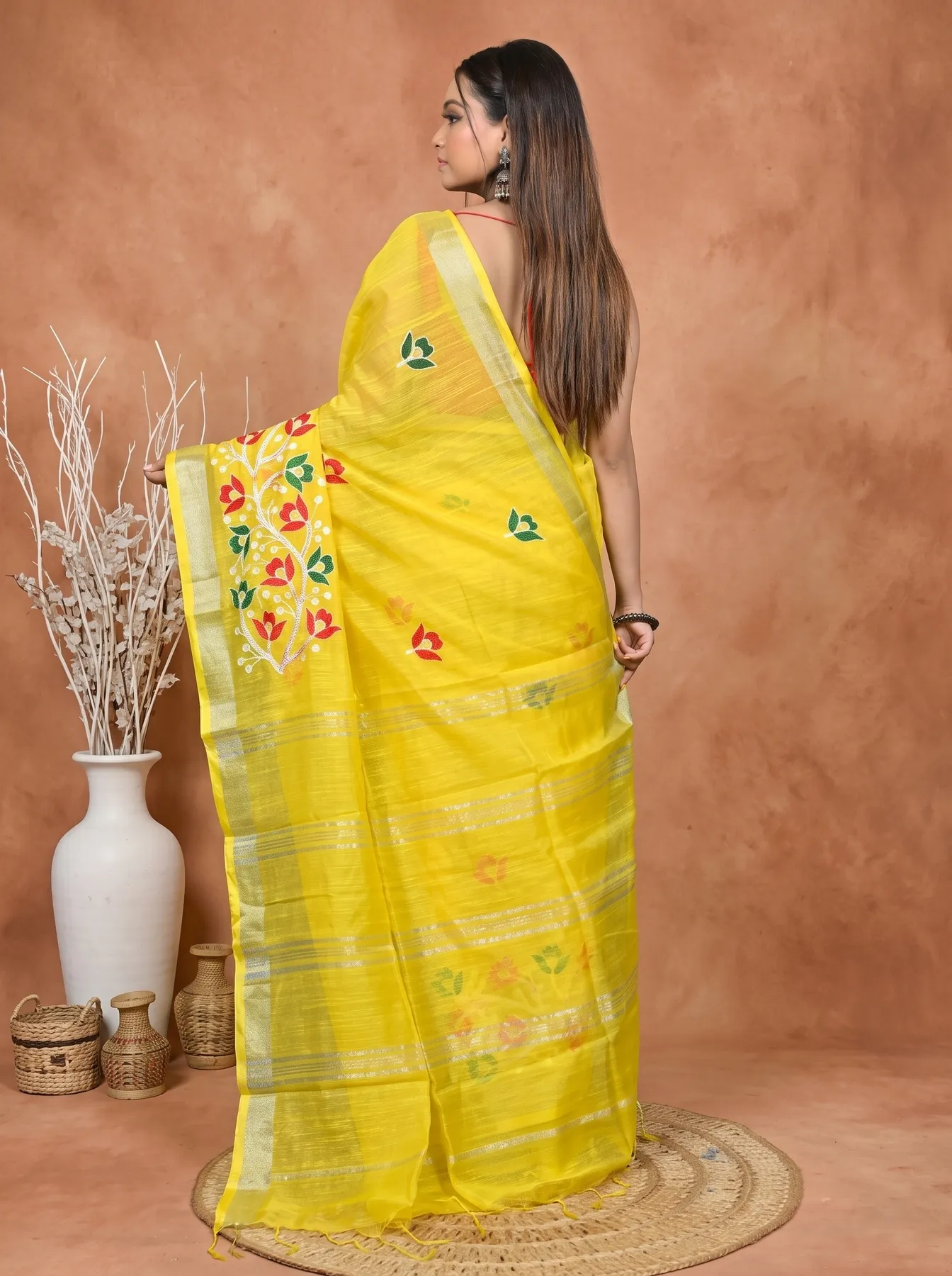DipDiya Blended Cotton Yellow Samyra Heritage of Bengali Embroidery Handloom sarees