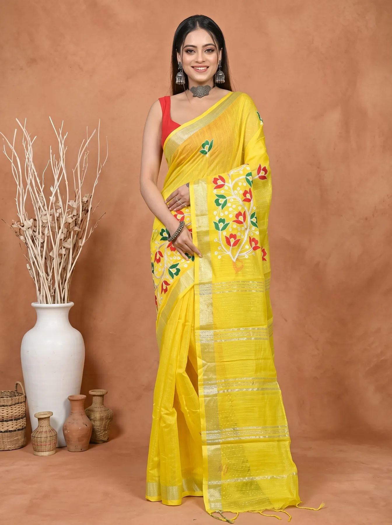 DipDiya Blended Cotton Yellow Samyra Heritage of Bengali Embroidery Handloom sarees