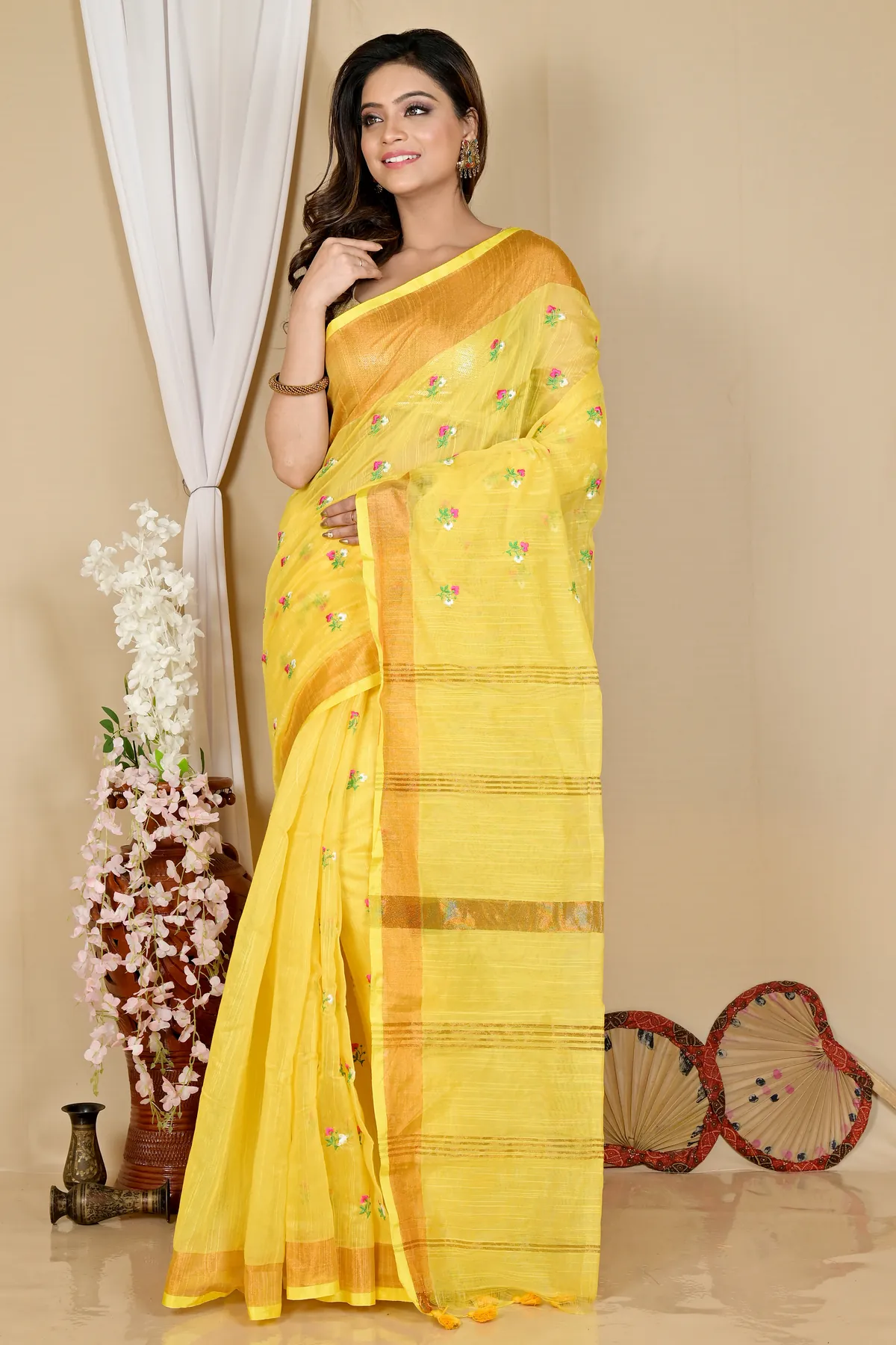 DipDiya Blended Cotton Yellow Slabaka Moli Bengal’s Tradition Handloom Sarees