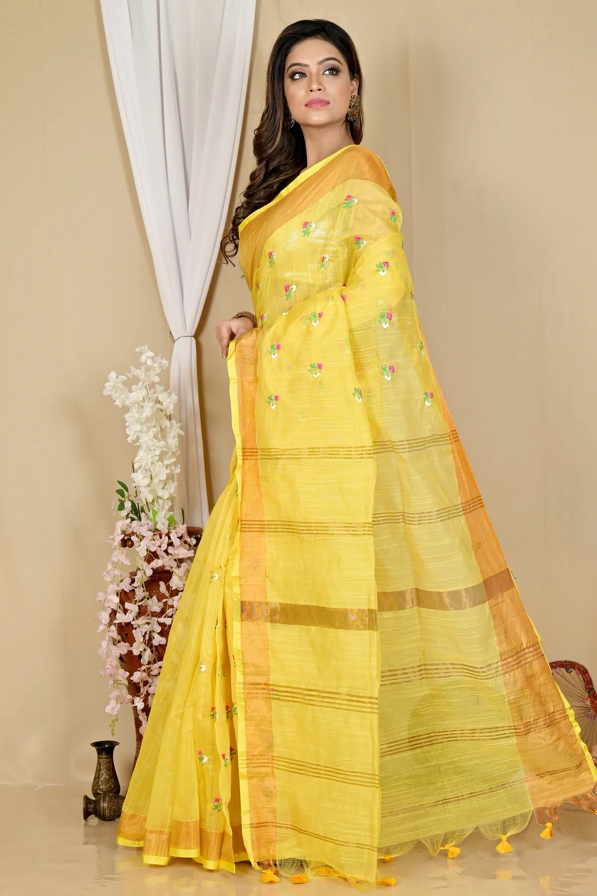 DipDiya Blended Cotton Yellow Slabaka Moli Bengal’s Tradition Handloom Sarees