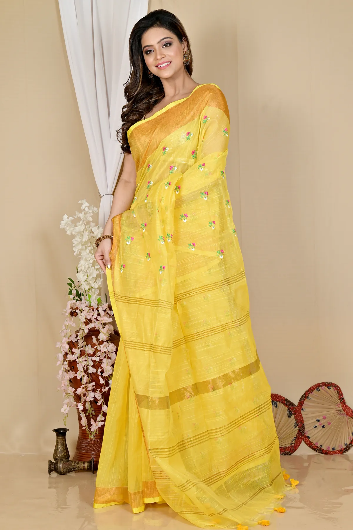 DipDiya Blended Cotton Yellow Slabaka Moli Bengal’s Tradition Handloom Sarees