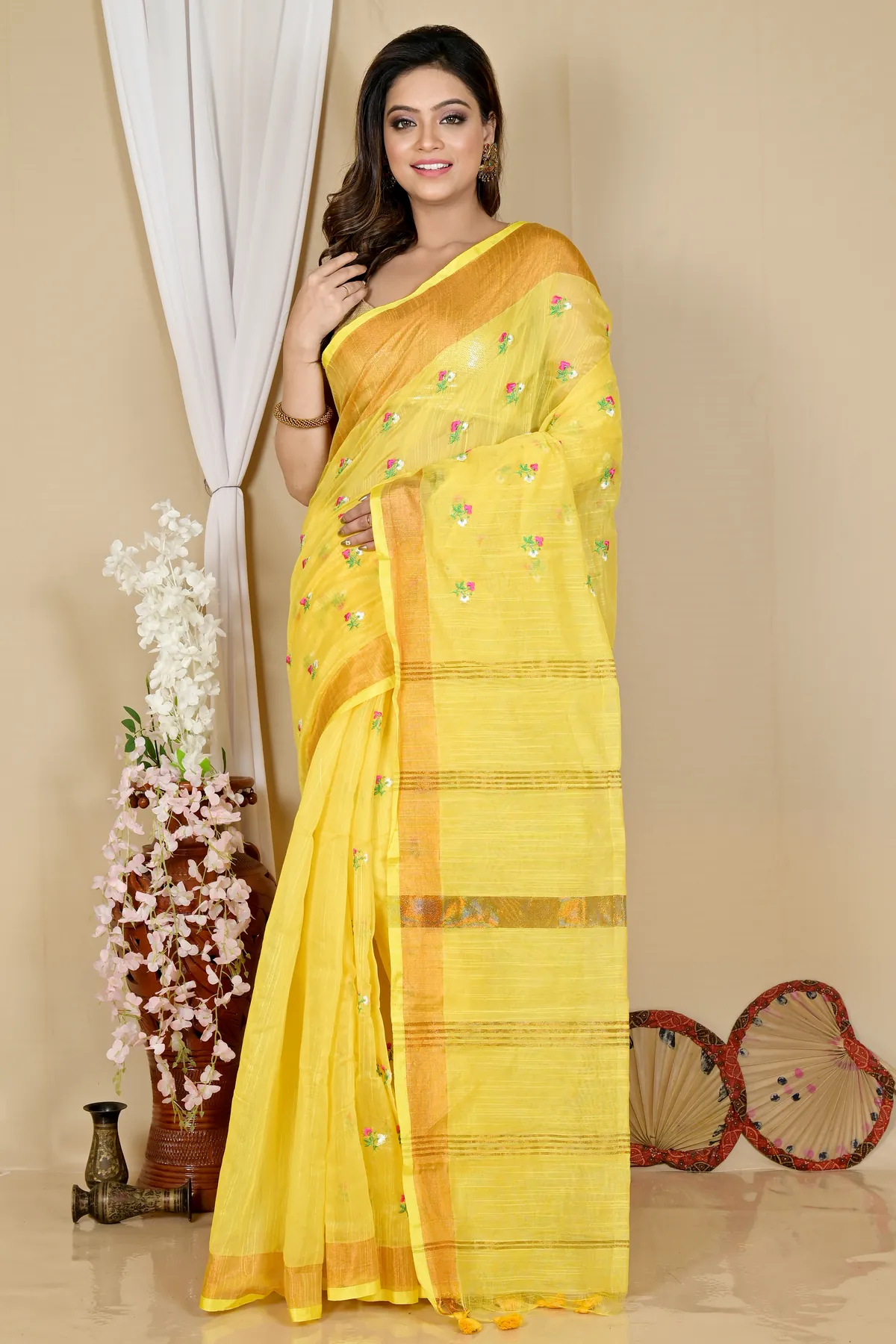 DipDiya Blended Cotton Yellow Slabaka Moli Bengal’s Tradition Handloom Sarees