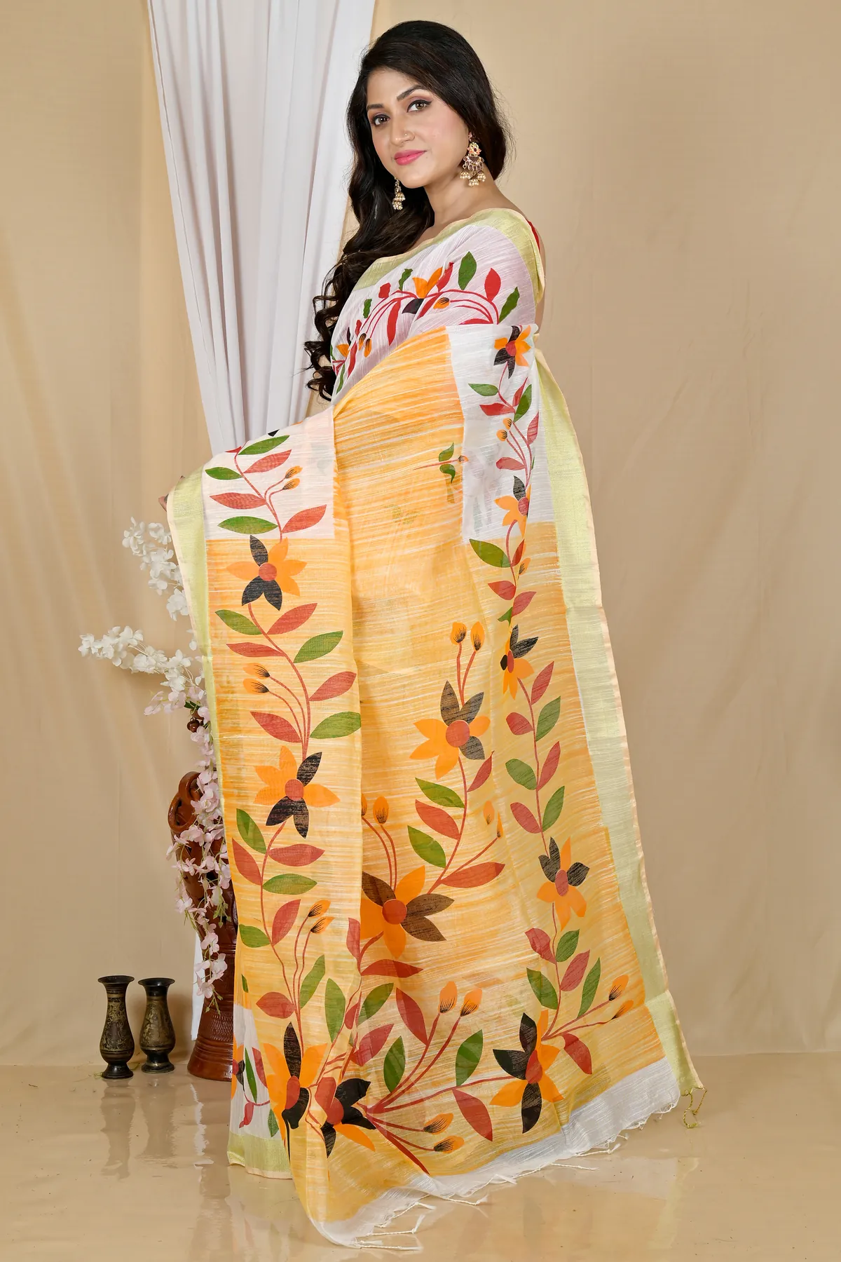 DipDiya Blended Cotton Yellow White Korel Elegant by Tradition Printed Handloom Sarees