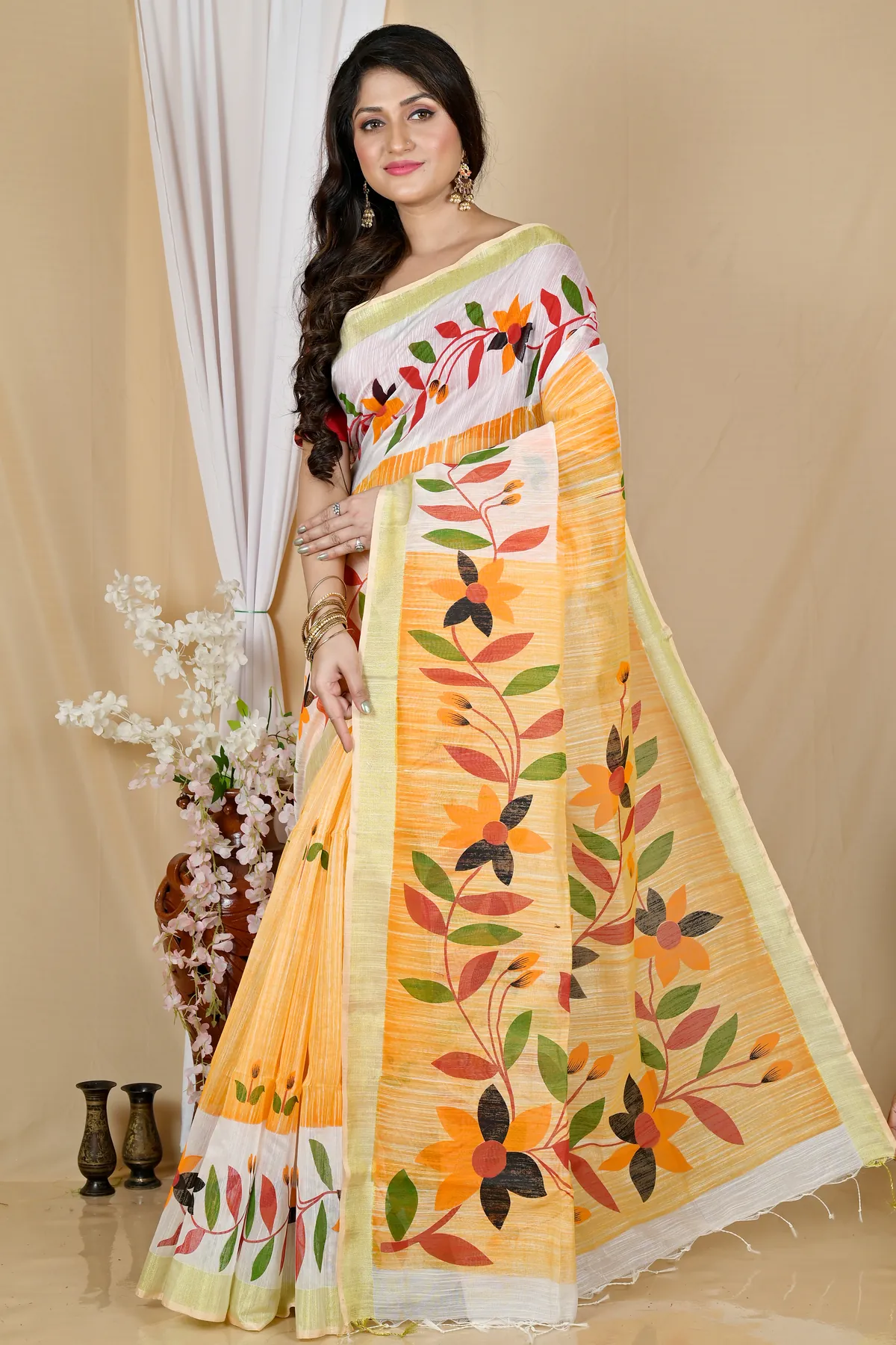 DipDiya Blended Cotton Yellow White Korel Elegant by Tradition Printed Handloom Sarees