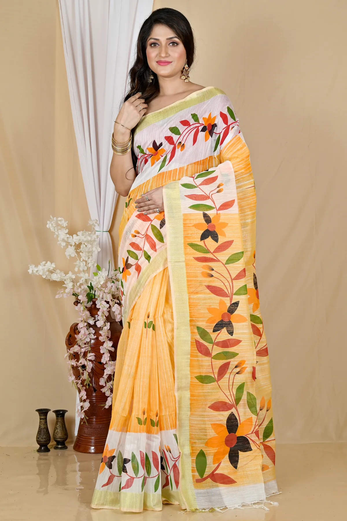 DipDiya Blended Cotton Yellow White Korel Elegant by Tradition Printed Handloom Sarees