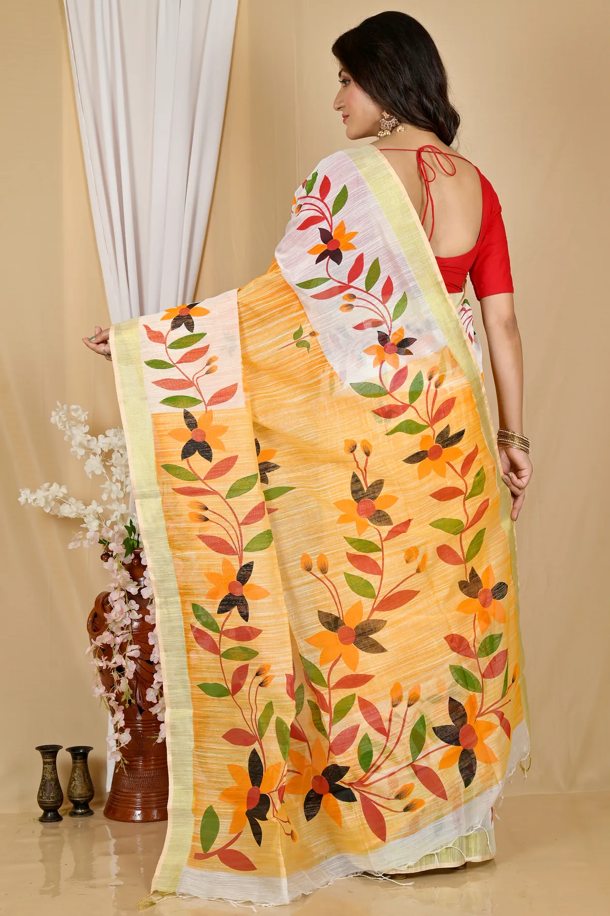 DipDiya Blended Cotton Yellow White Korel Elegant by Tradition Printed Handloom Sarees