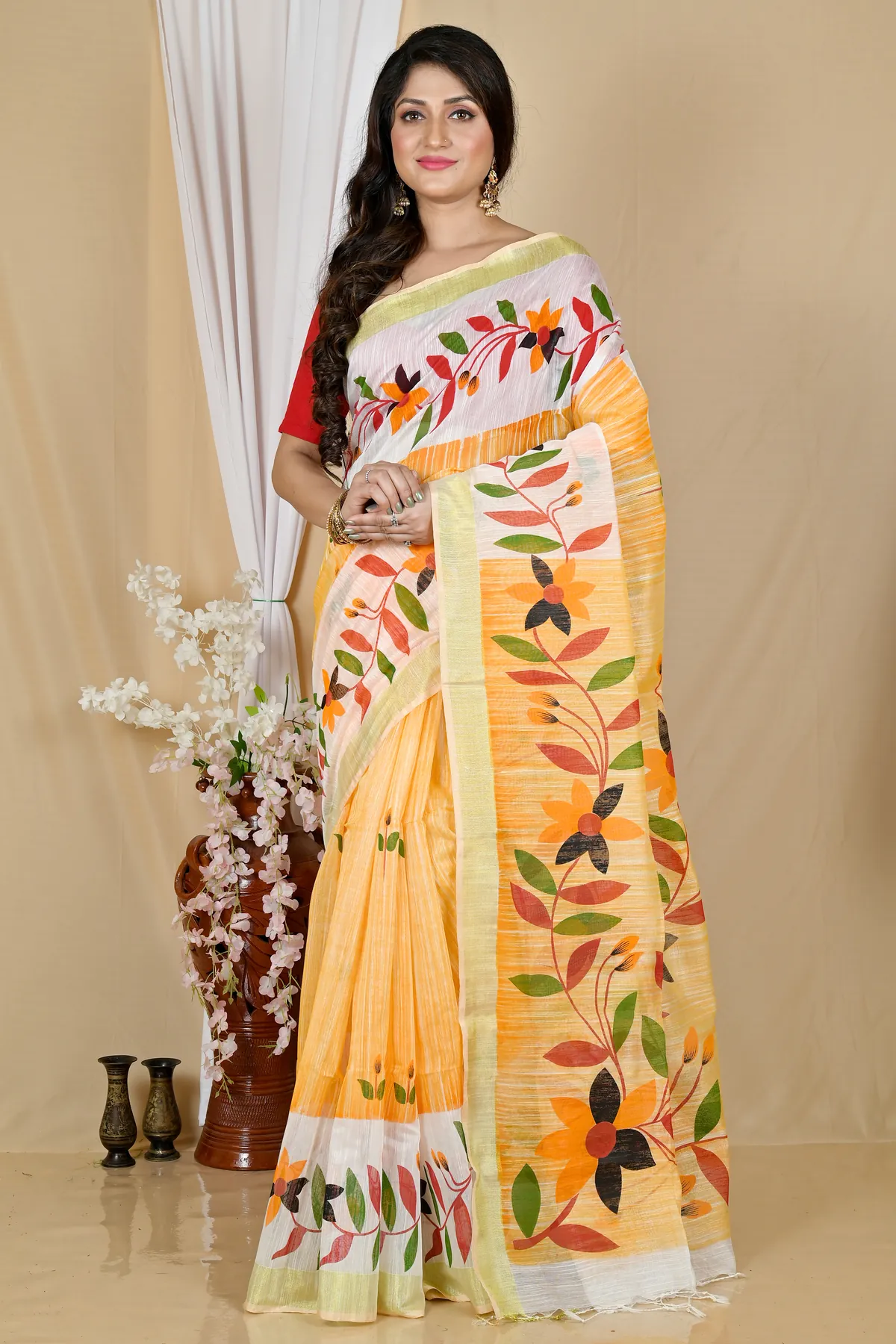 DipDiya Blended Cotton Yellow White Korel Elegant by Tradition Printed Handloom Sarees