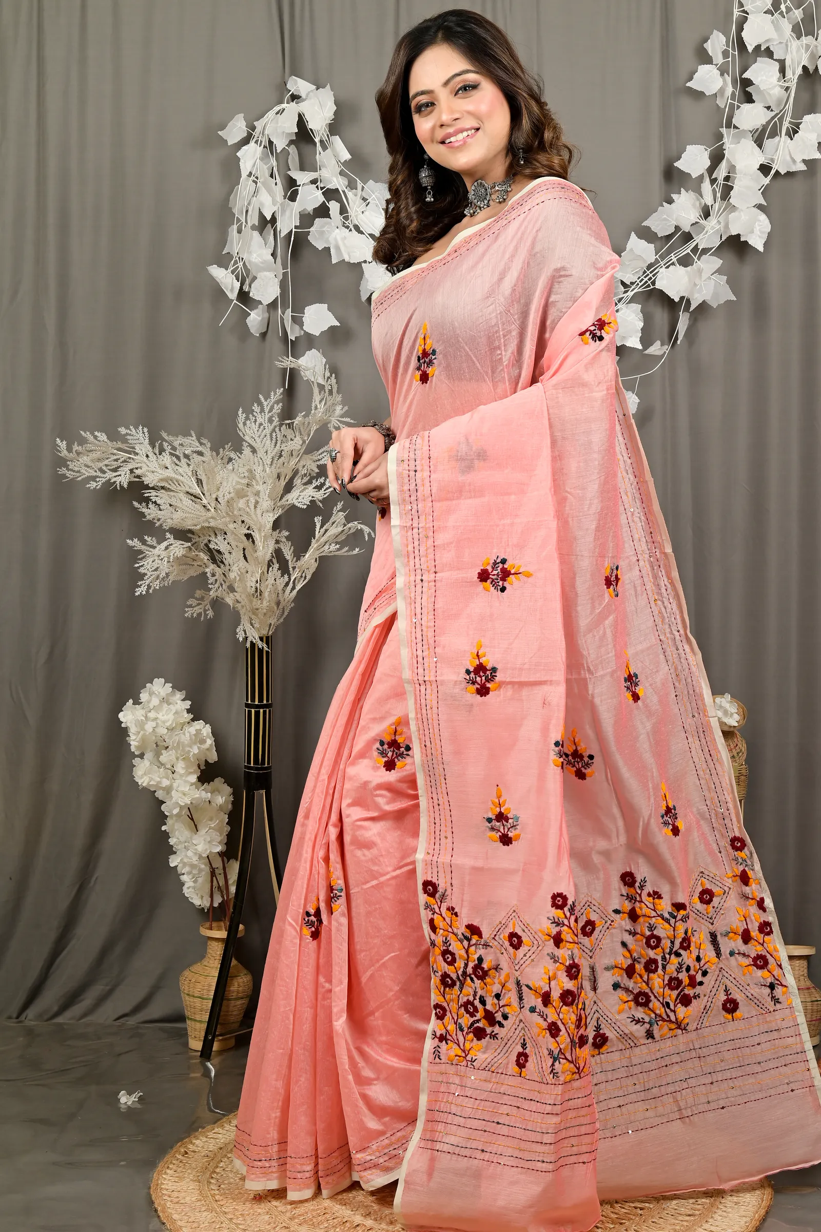 DipDiya Cotton Blend Baby Pink Dayki Bengal’s Tradition Kantha Stitch Sarees
