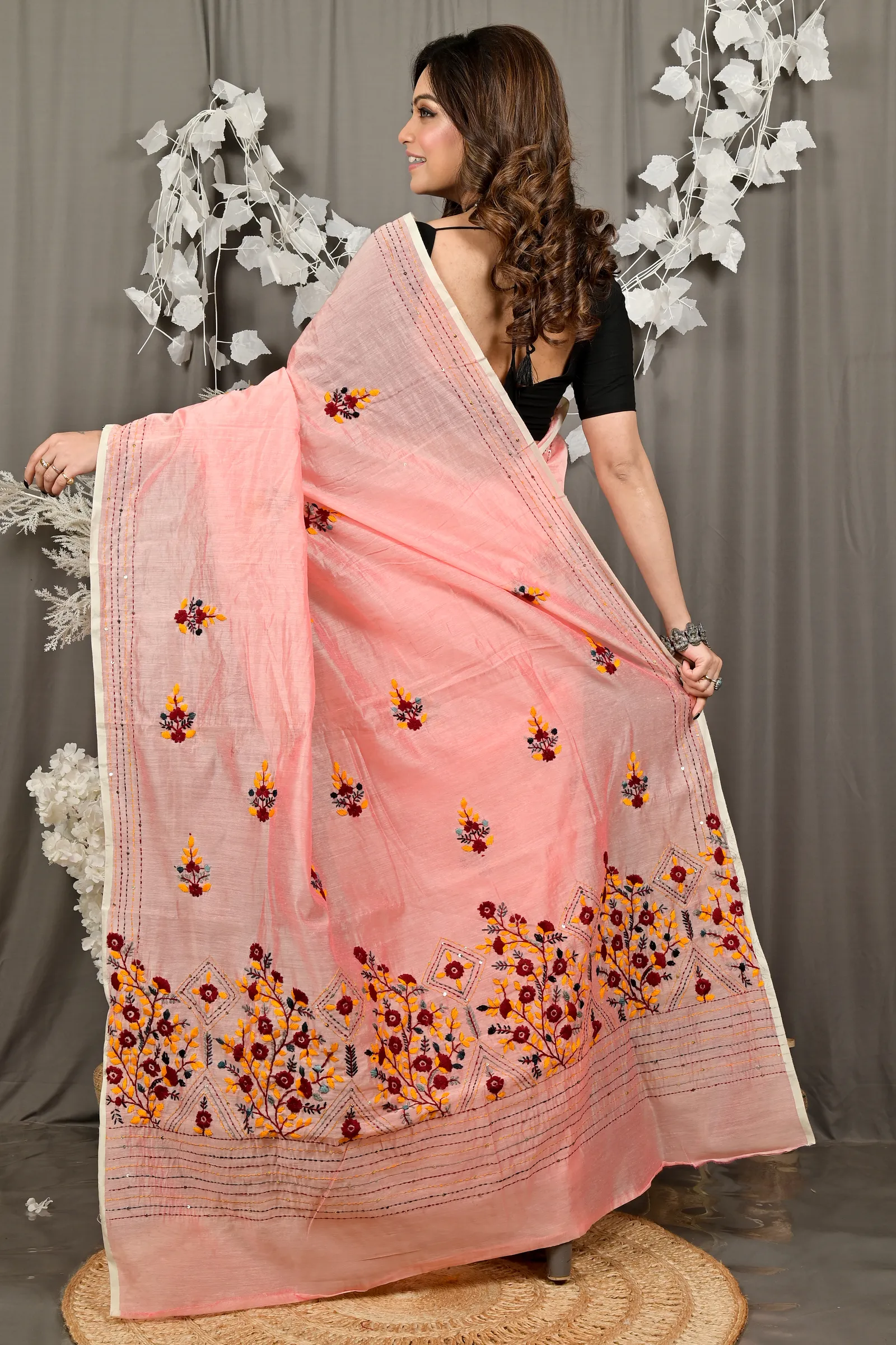 DipDiya Cotton Blend Baby Pink Dayki Bengal’s Tradition Kantha Stitch Sarees
