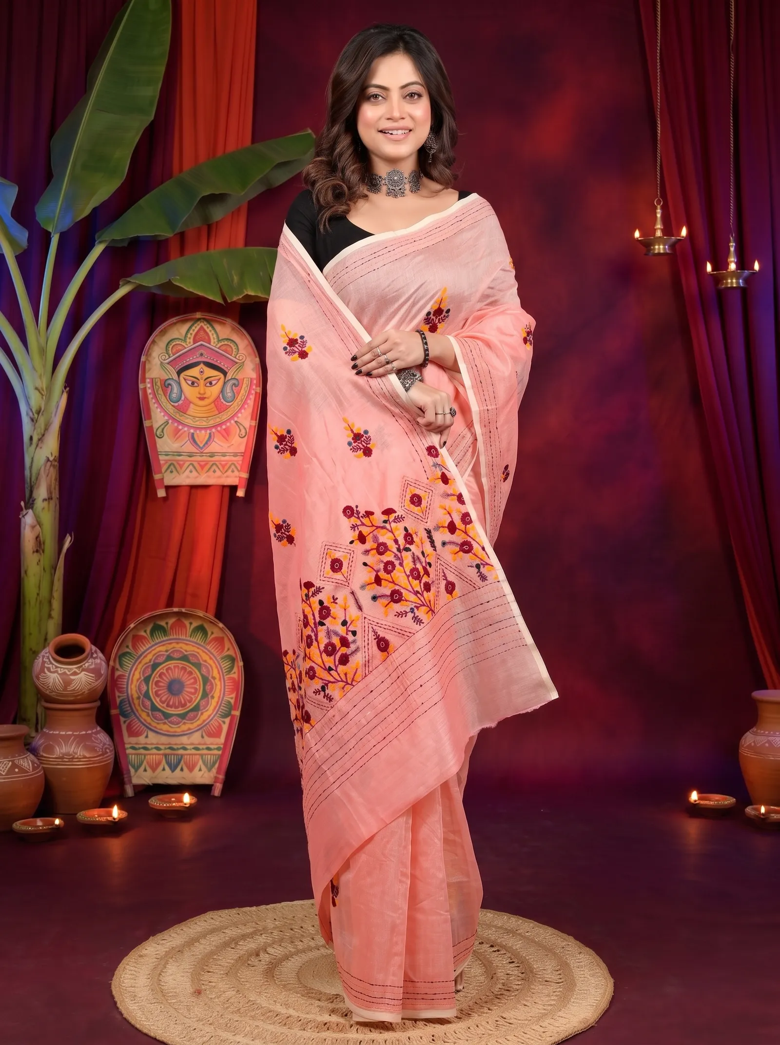 DipDiya Cotton Blend Baby Pink Dayki Bengal’s Tradition Kantha Stitch Sarees