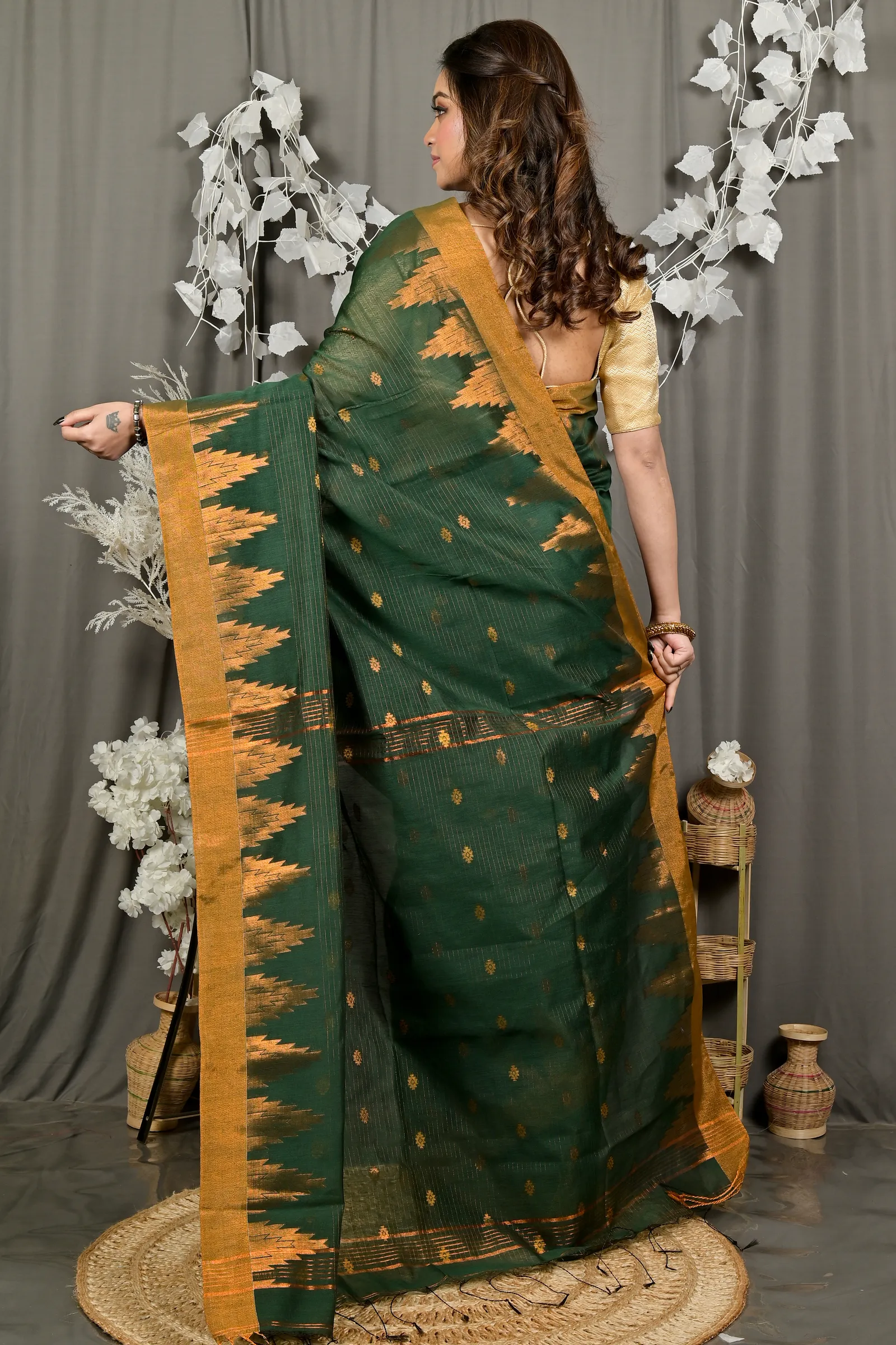 DipDiya Cotton Blend Dark Green Daypi Woven with Love Handloom Sarees