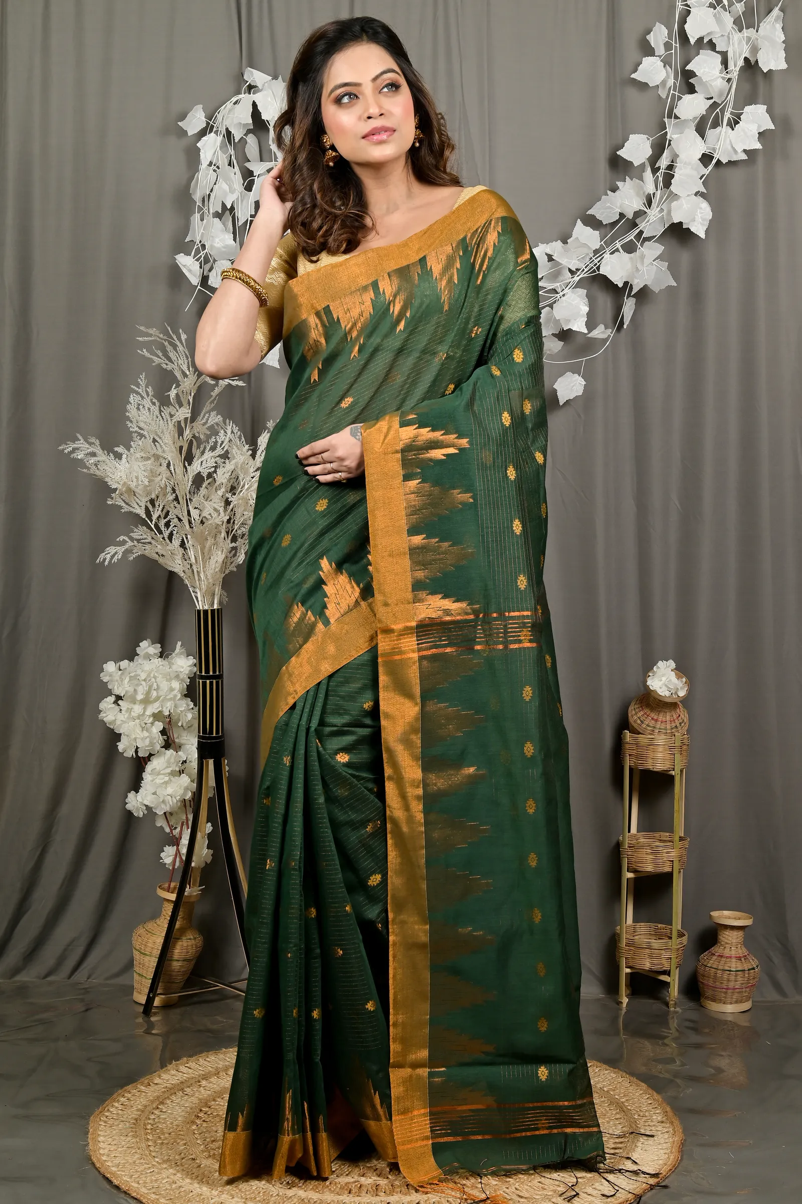 DipDiya Cotton Blend Dark Green Daypi Woven with Love Handloom Sarees