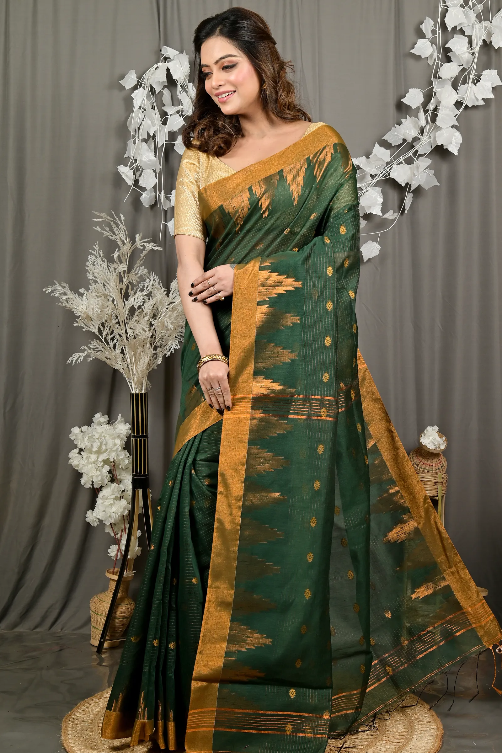 DipDiya Cotton Blend Dark Green Daypi Woven with Love Handloom Sarees