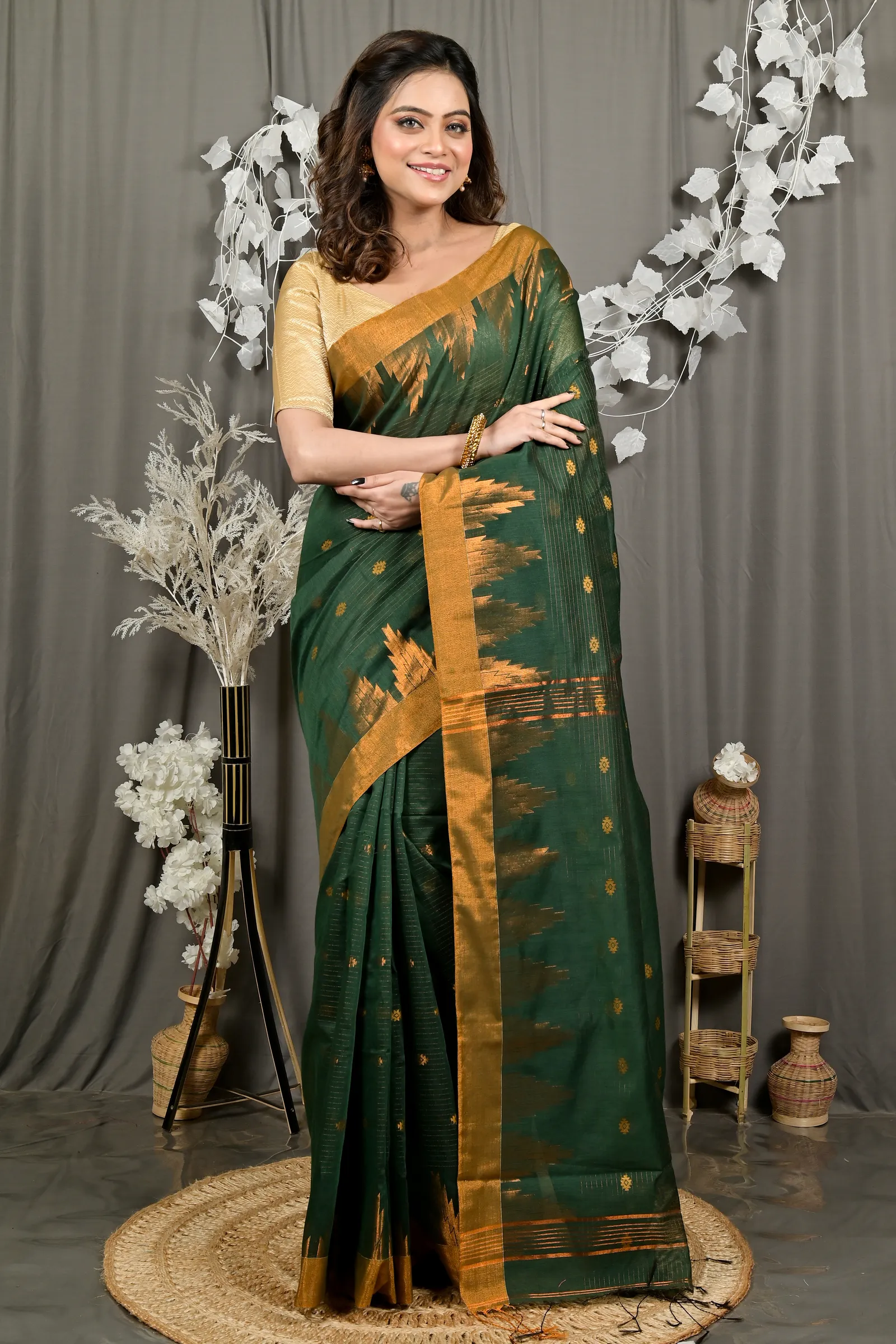DipDiya Cotton Blend Dark Green Daypi Woven with Love Handloom Sarees