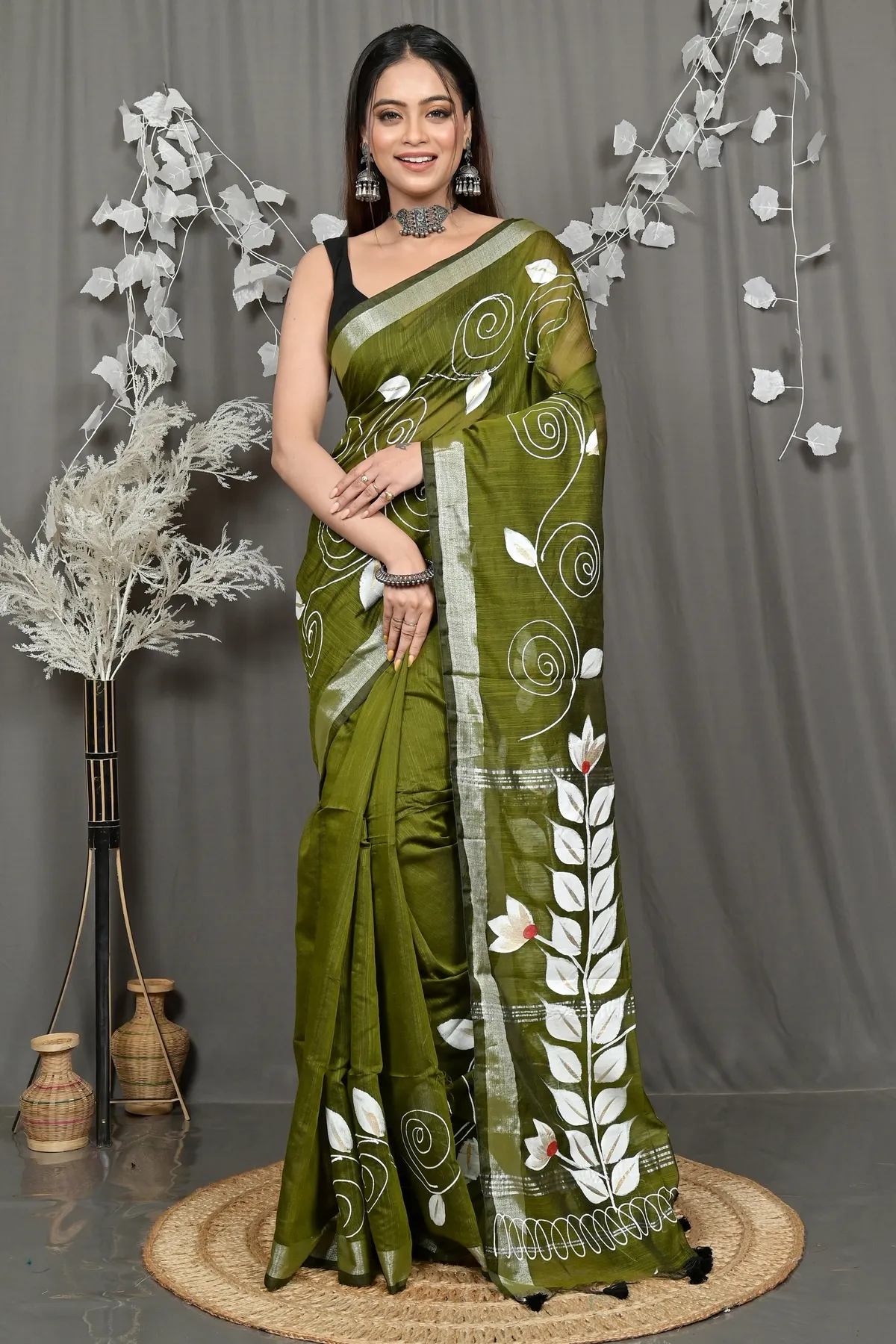 DipDiya Cotton Blend Dark Green Souvar Heritage of Bengali Hand Painted Sarees
