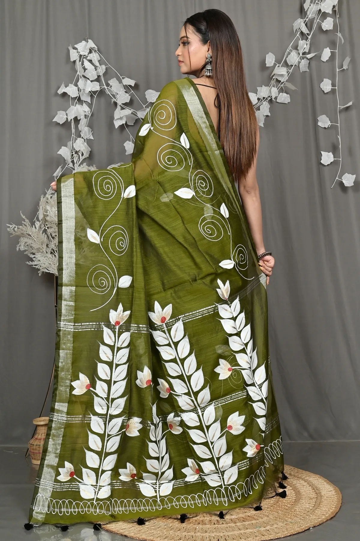 DipDiya Cotton Blend Dark Green Souvar Heritage of Bengali Hand Painted Sarees