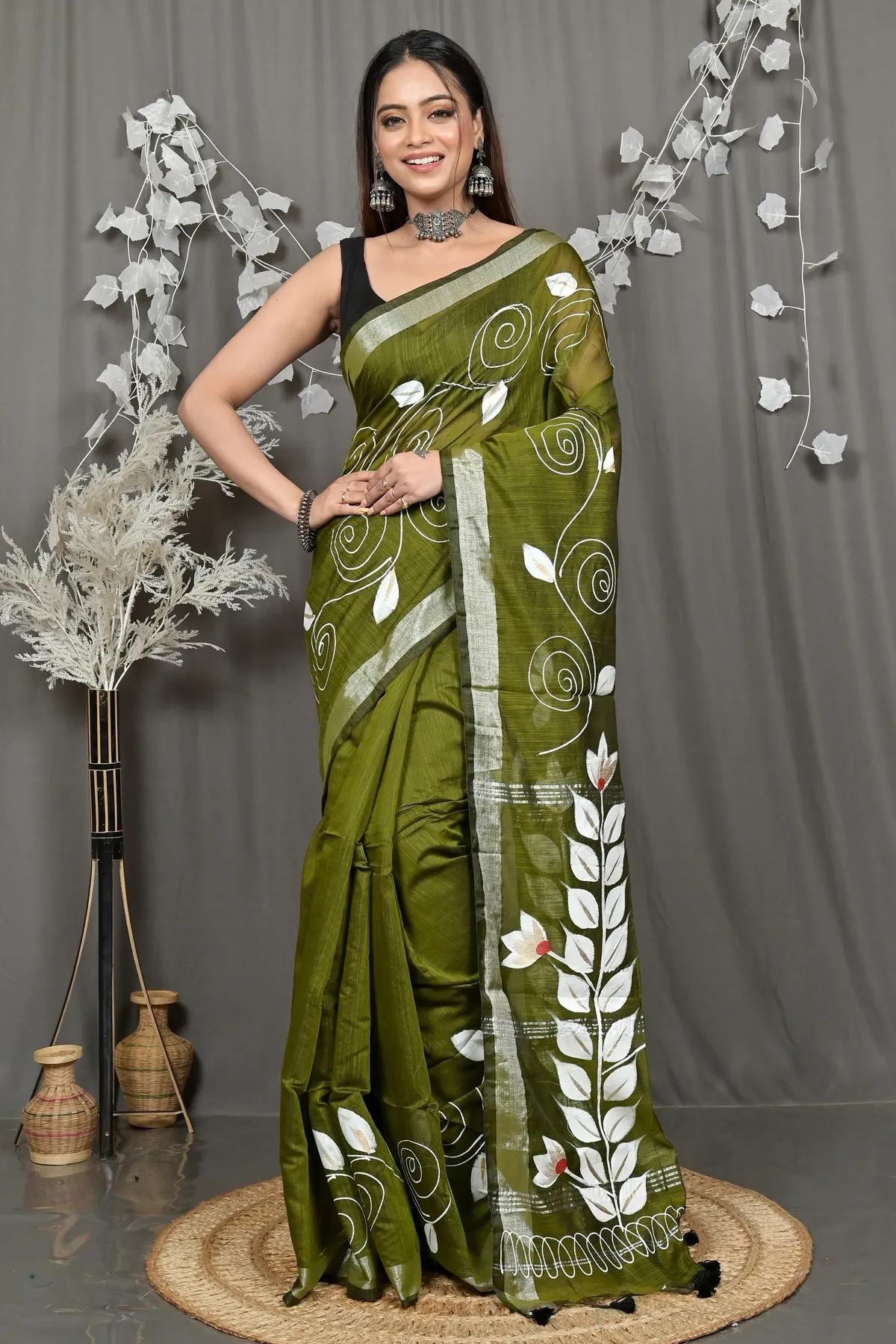 DipDiya Cotton Blend Dark Green Souvar Heritage of Bengali Hand Painted Sarees
