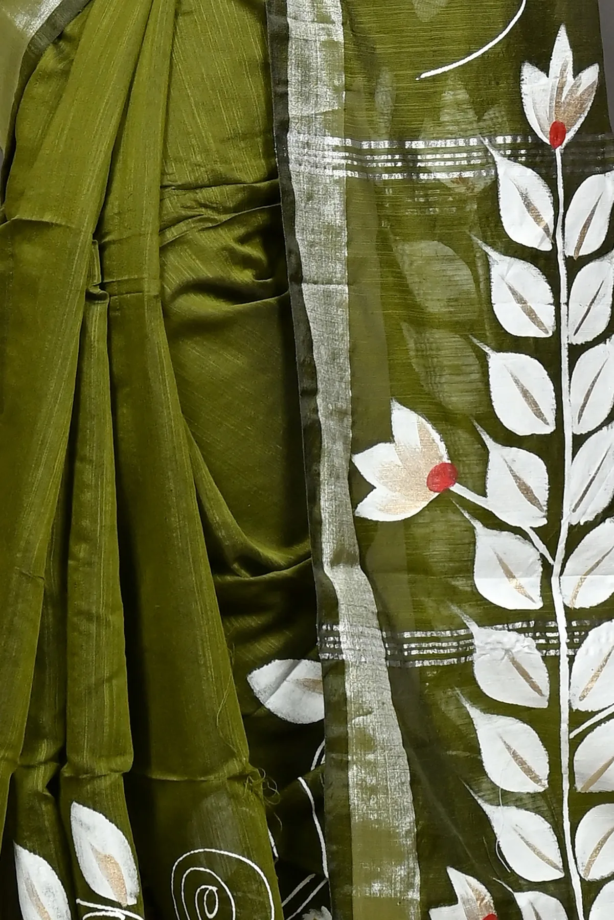 DipDiya Cotton Blend Dark Green Souvar Heritage of Bengali Hand Painted Sarees