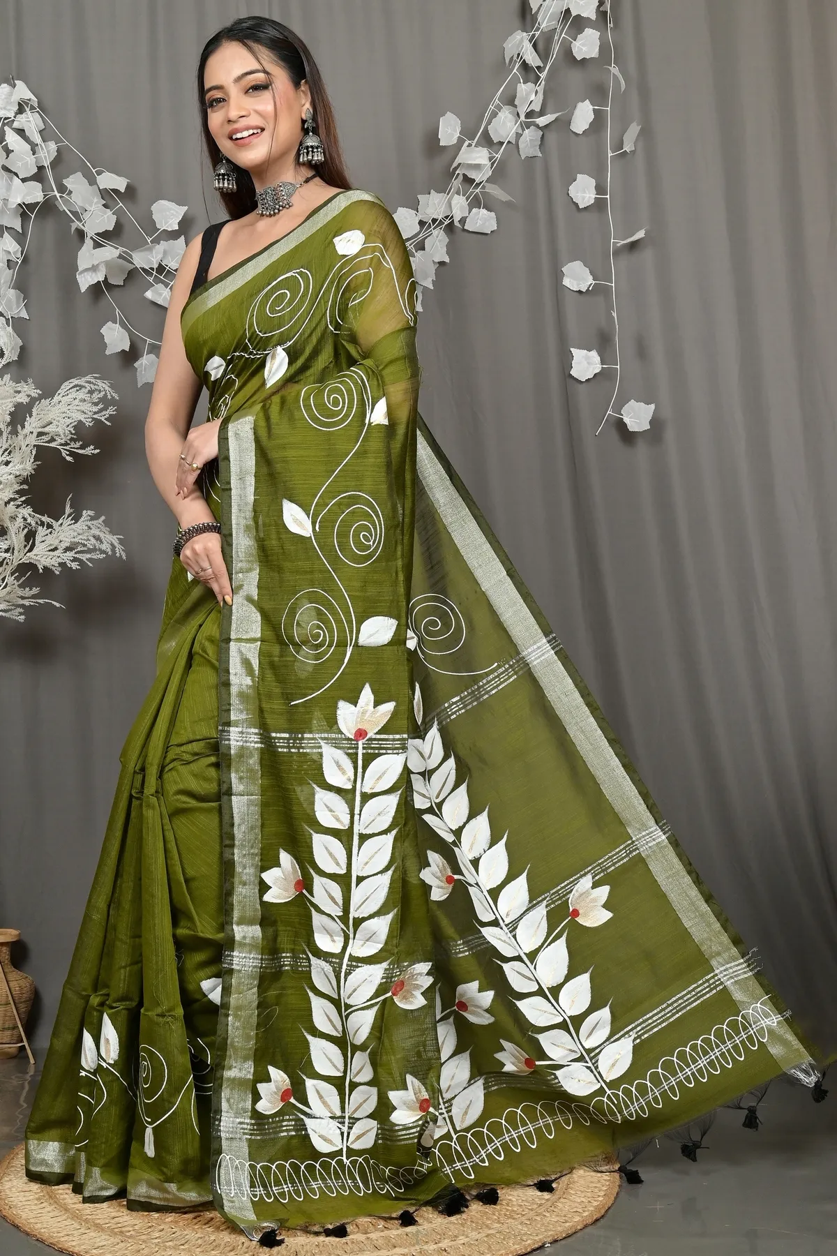 DipDiya Cotton Blend Dark Green Souvar Heritage of Bengali Hand Painted Sarees