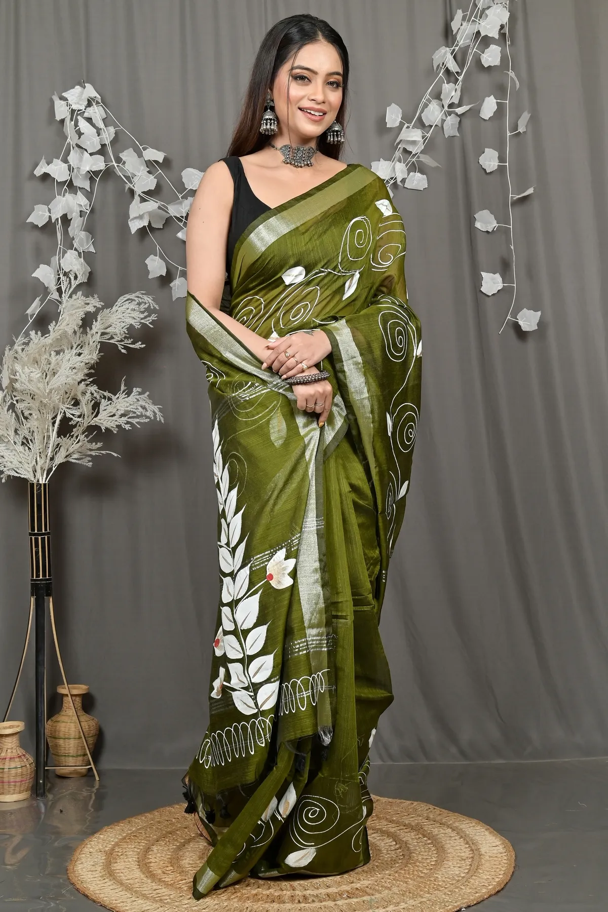 DipDiya Cotton Blend Dark Green Souvar Heritage of Bengali Hand Painted Sarees
