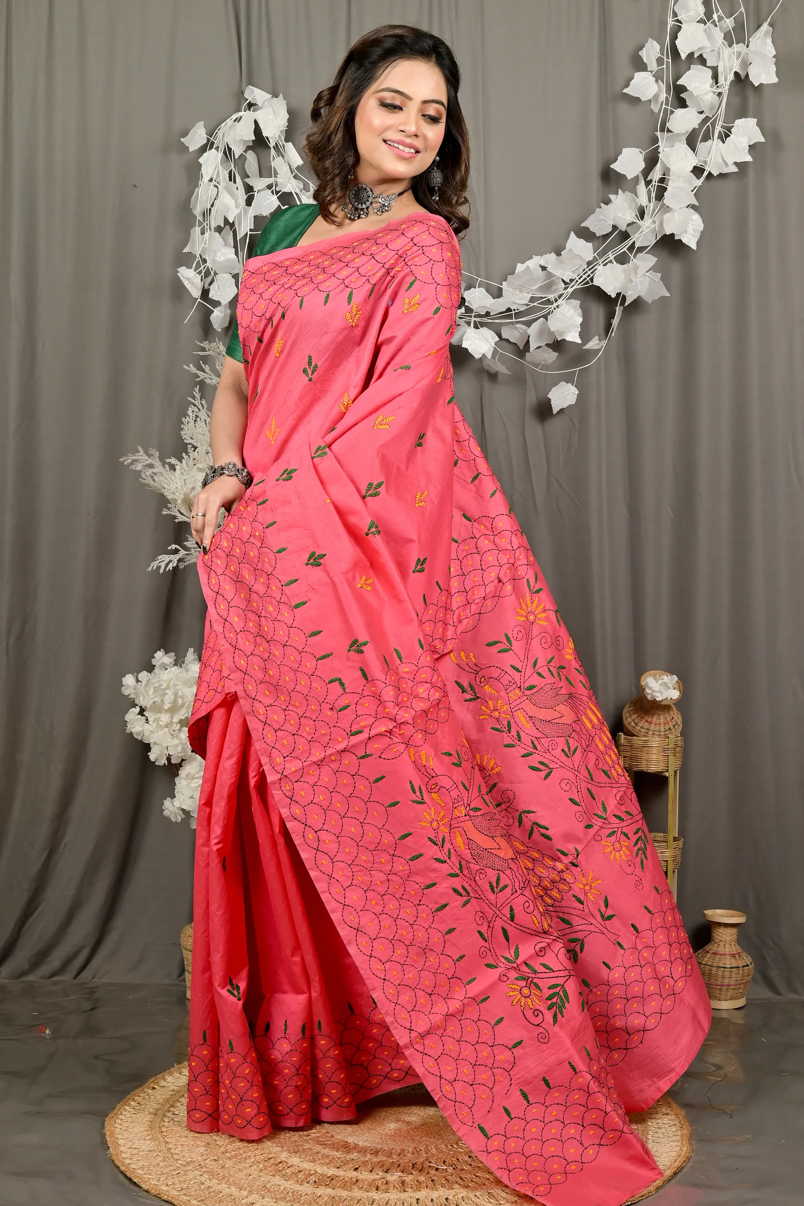 DipDiya Cotton Blend Dark Pink Dharai Threads of Tradition Kantha Stitch Sarees