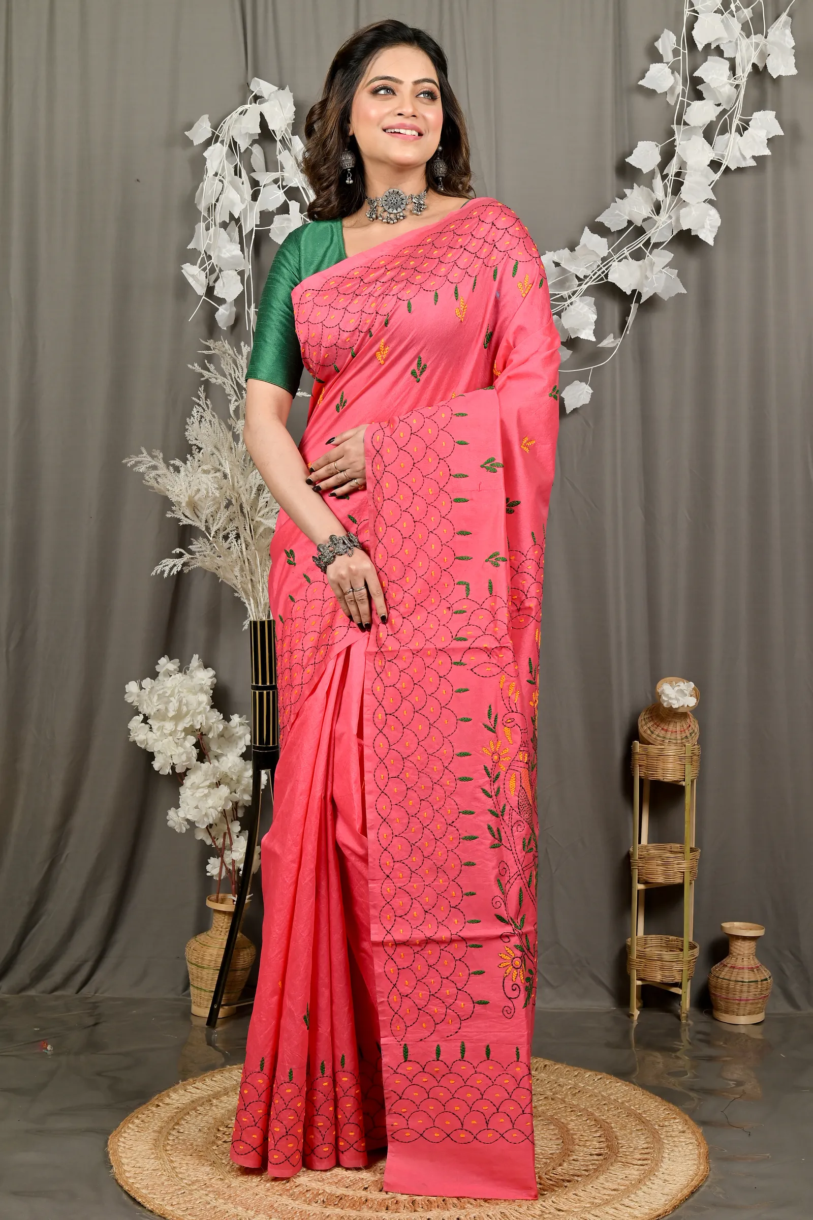 DipDiya Cotton Blend Dark Pink Dharai Threads of Tradition Kantha Stitch Sarees