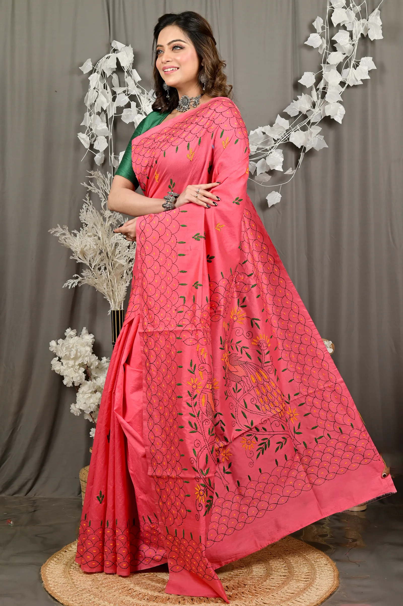 DipDiya Cotton Blend Dark Pink Dharai Threads of Tradition Kantha Stitch Sarees