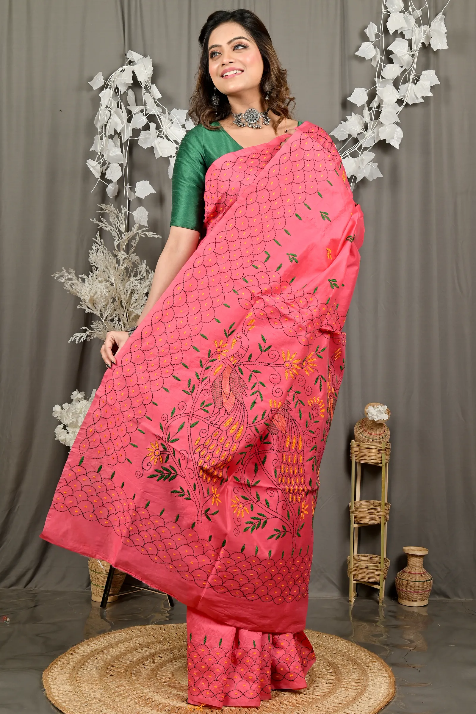 DipDiya Cotton Blend Dark Pink Dharai Threads of Tradition Kantha Stitch Sarees