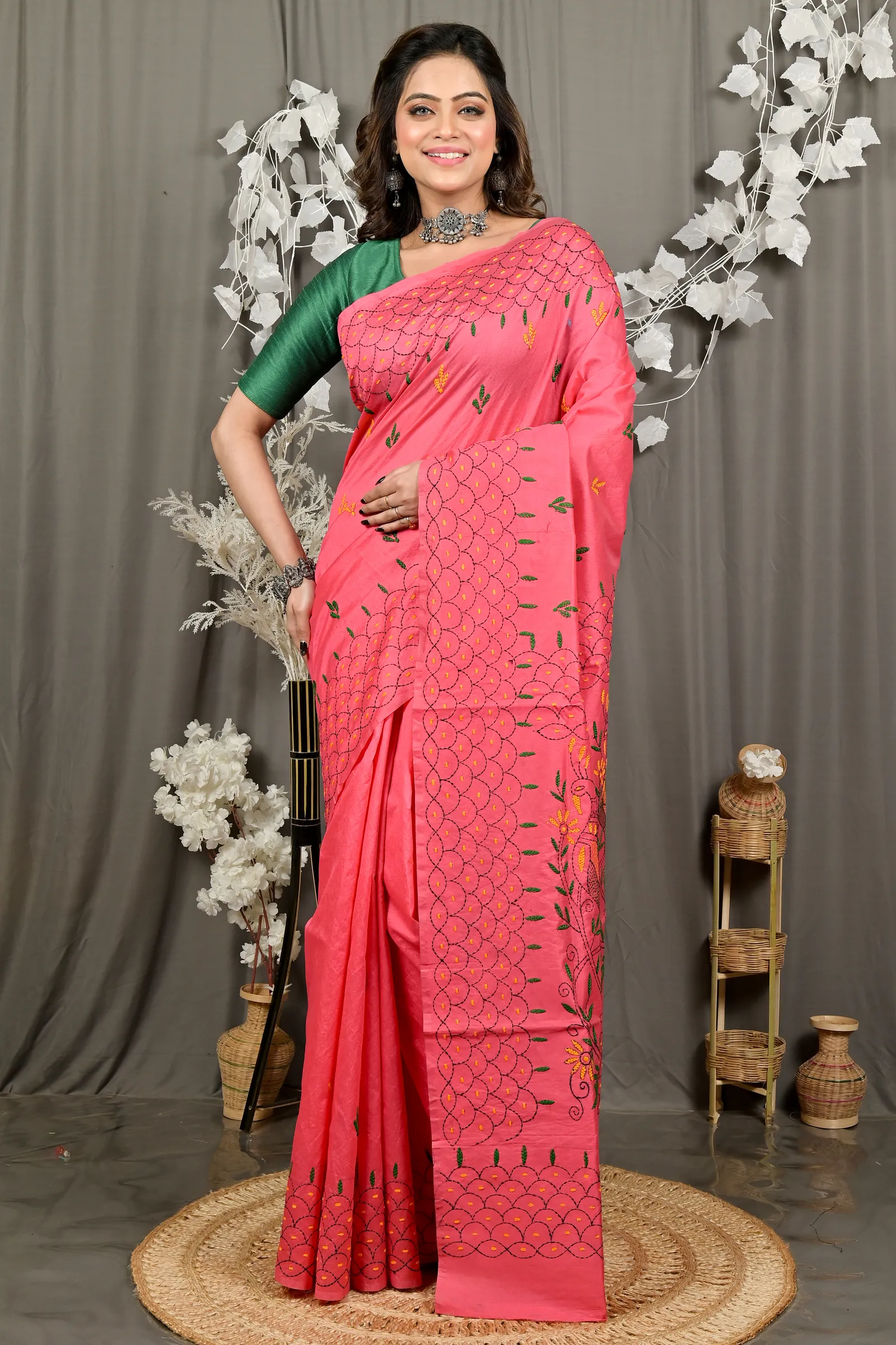 DipDiya Cotton Blend Dark Pink Dharai Threads of Tradition Kantha Stitch Sarees